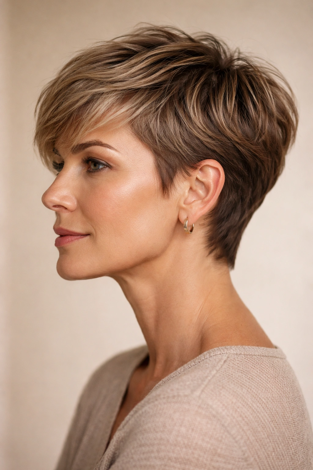 12 Pixie Cuts That Look Stunning In Your 40s 2 Side profile of a grown-out pixie with longer top and short sides.