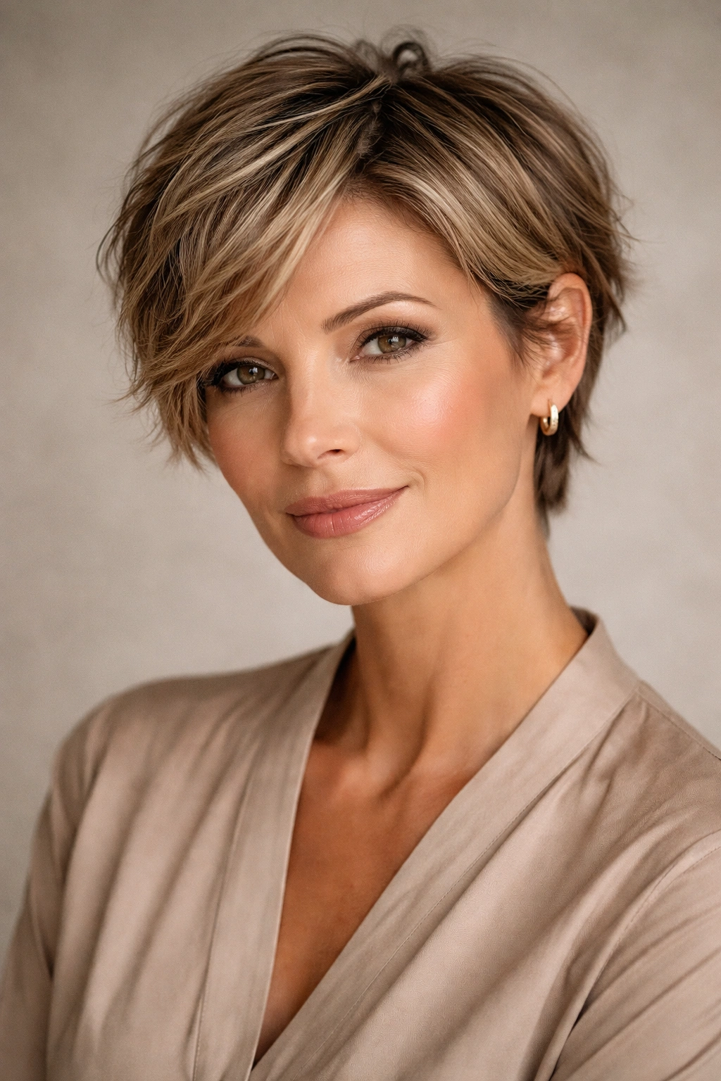 Mature woman with a grown-out pixie in a studio portrait.