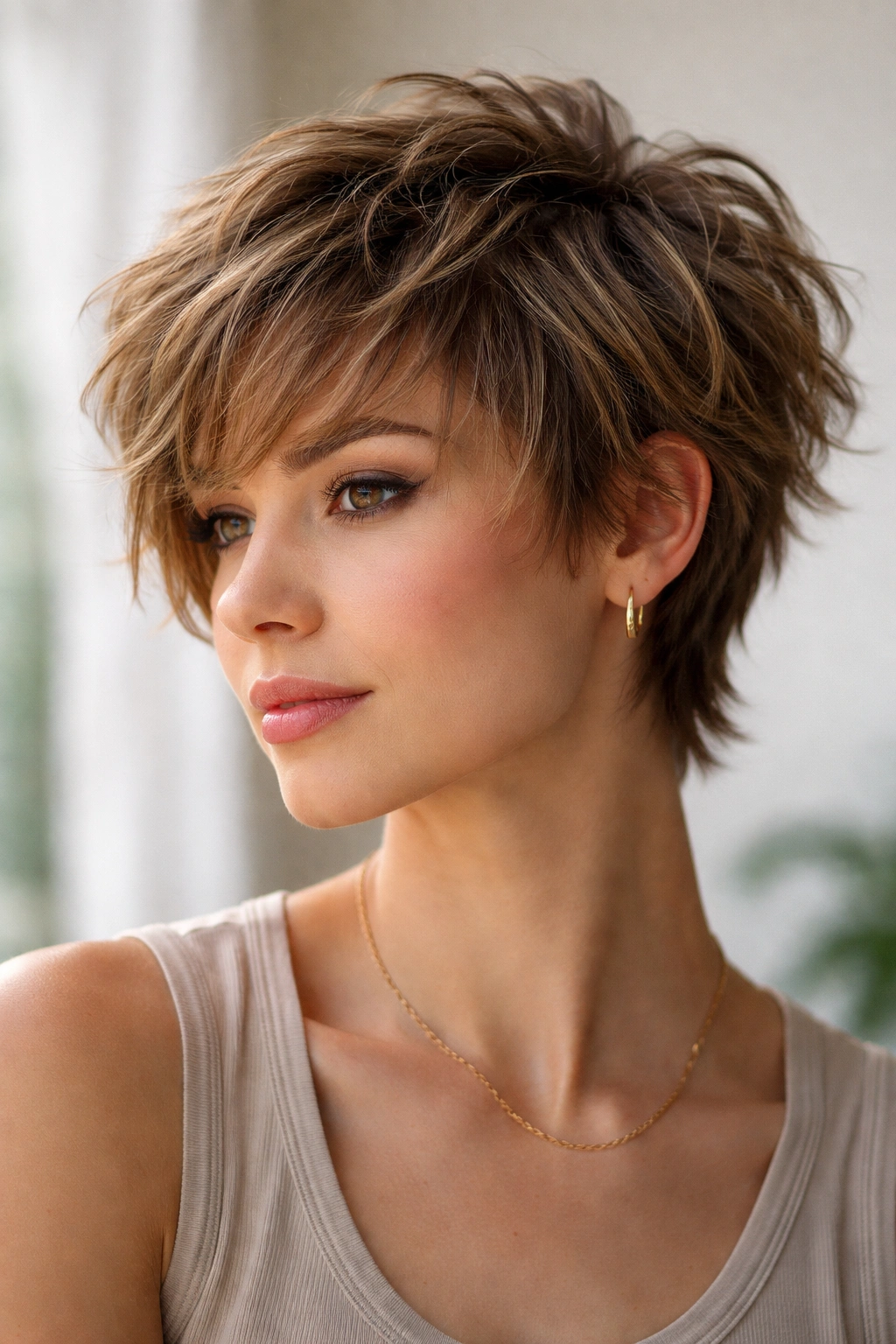 Close-up of grown-out pixie with shaggy, textured layers