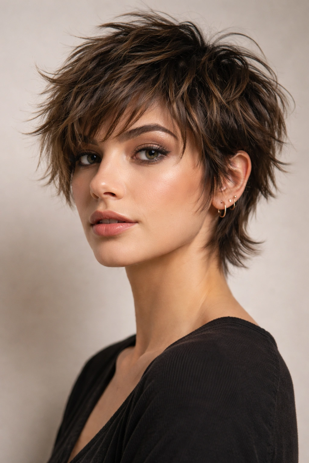 Close-up portrait of a woman with a grown-out pixie shag displaying textured crown and layered hair