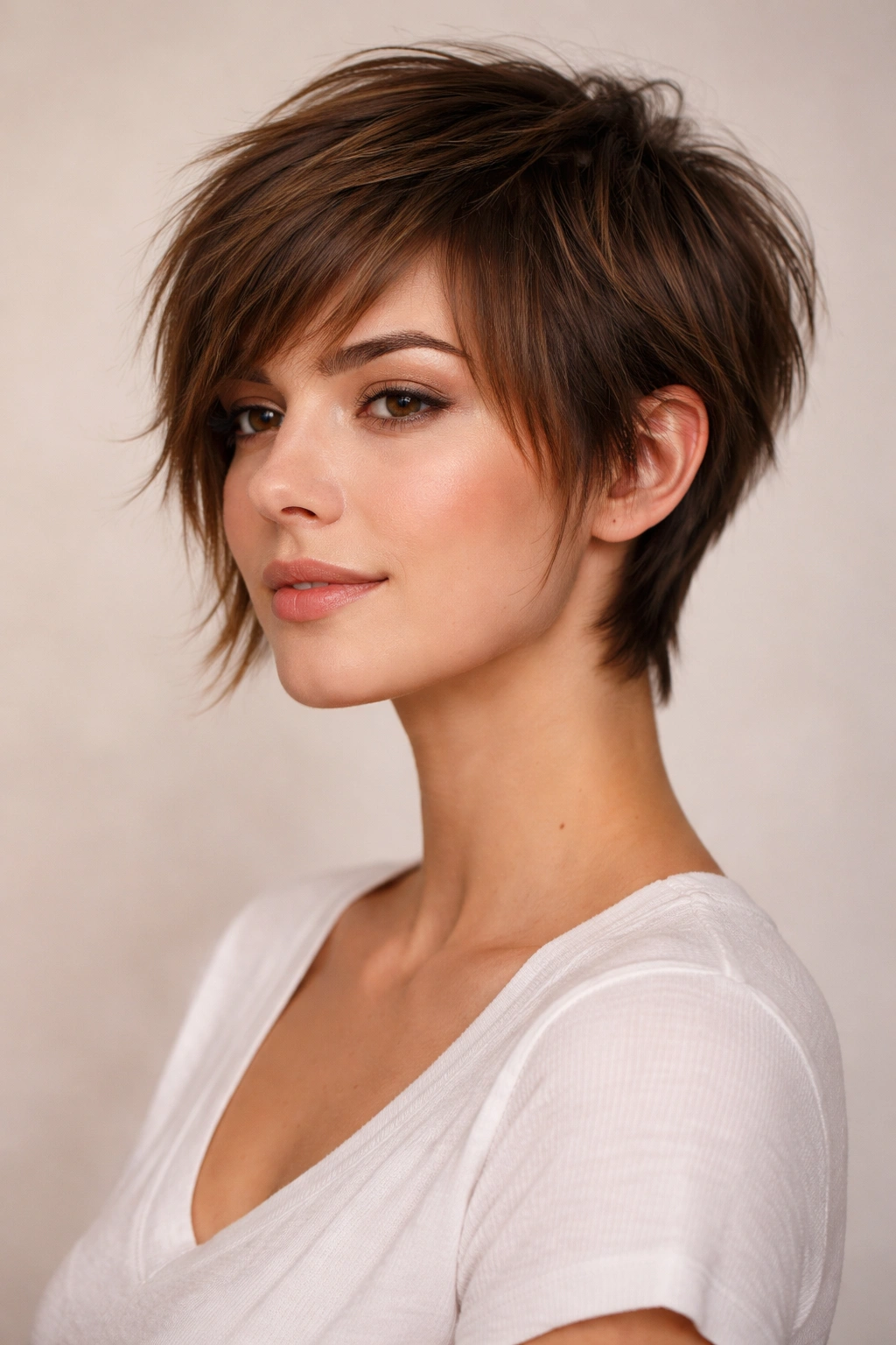 Head-and-shoulders shot of a grown-out pixie with jaw-length front and shorter back.