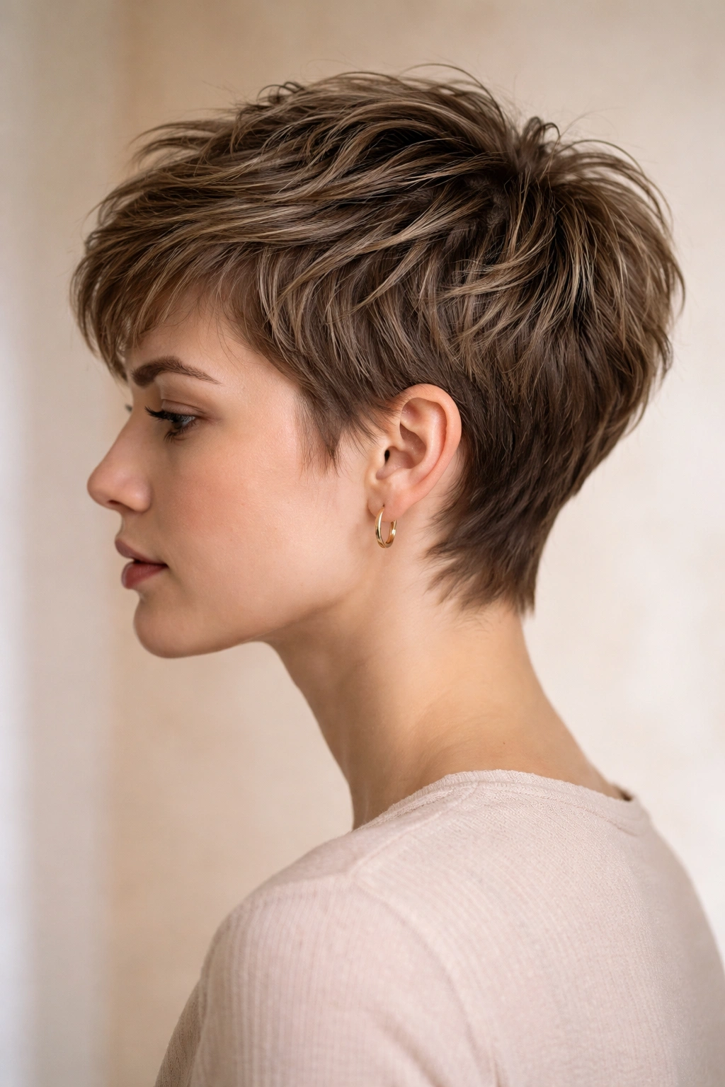 Side profile of cropped pixie with grown-out texture and layered back