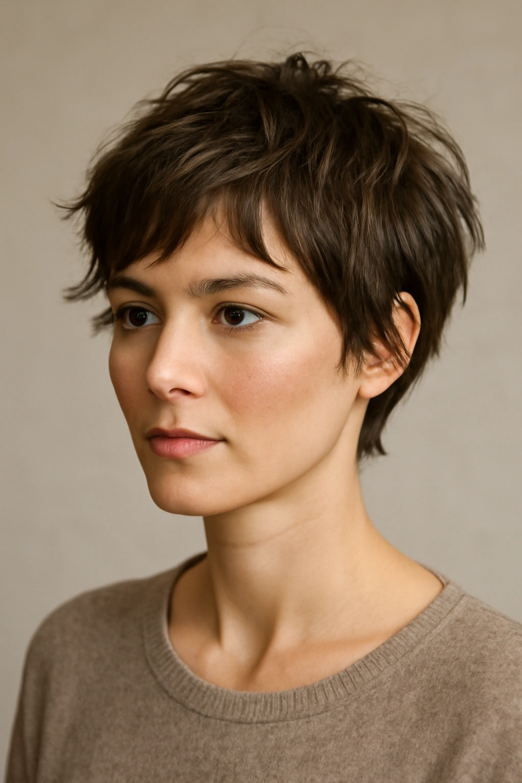 Close-up portrait of a woman with a textured grown-out pixie hairstyle