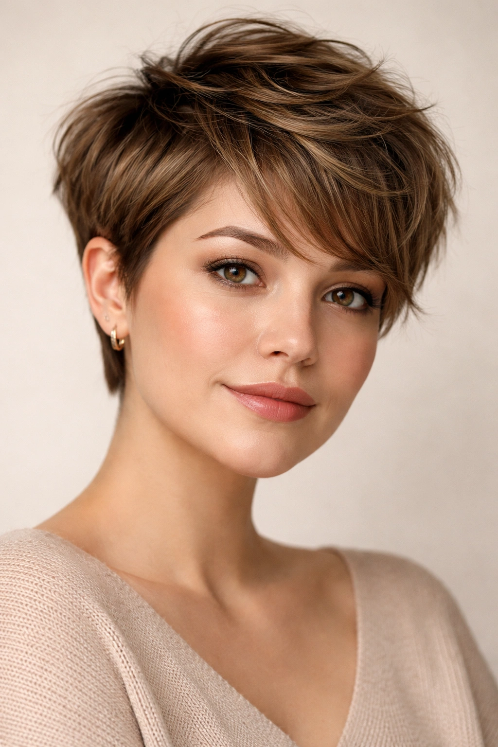 15 Pixie Styles Perfectly Suited To Round Faces 6 Grown-out pixie with longer top and short sides showing textured movement.