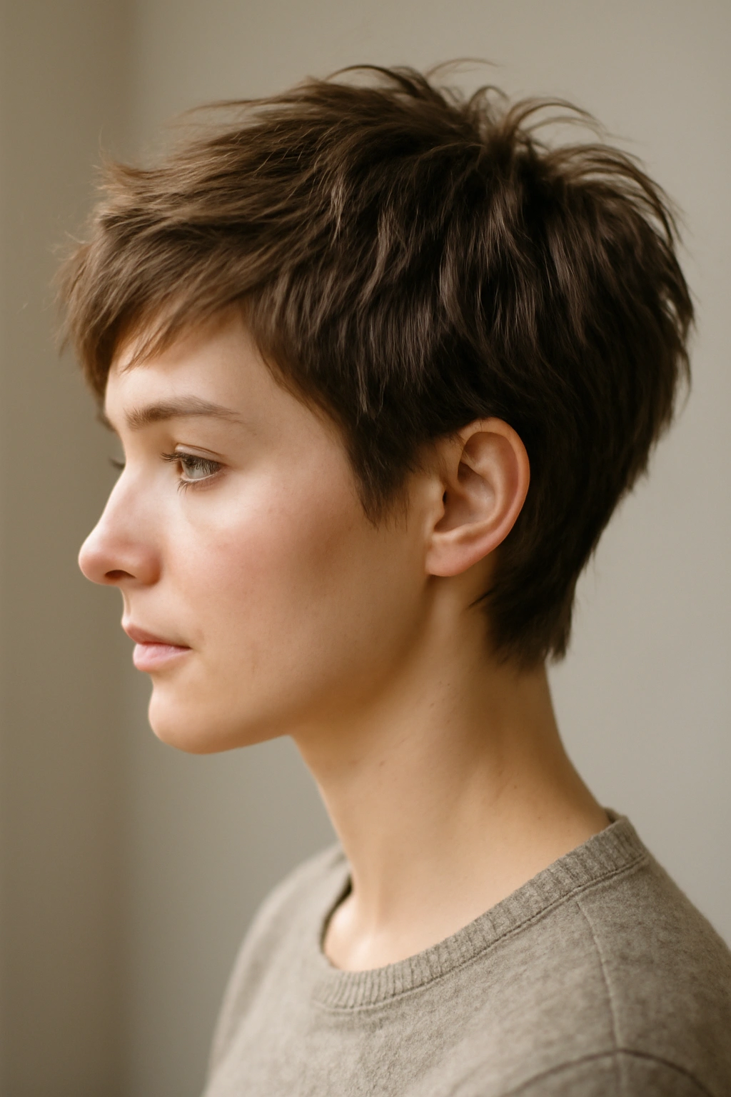 20 Pixie Styles Ranging From Classic To Edgy 14 Side-profile of a person with a grown-out pixie showing a longer textured top