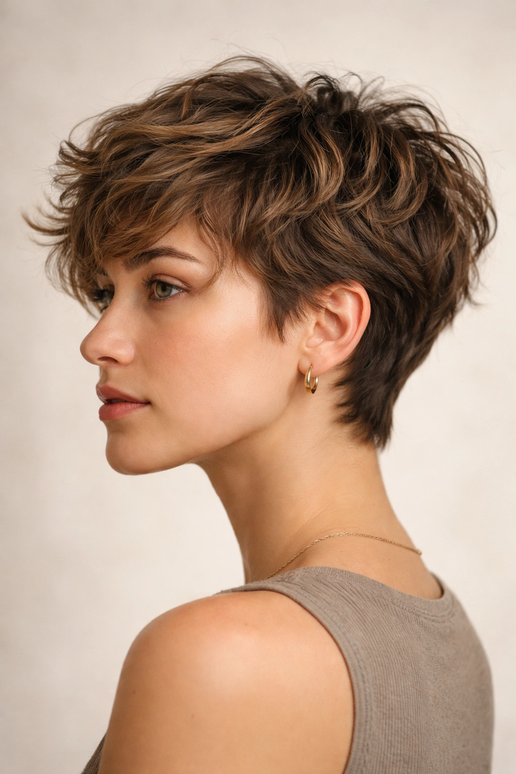 Side profile of grown-out pixie with textured layers and waviness