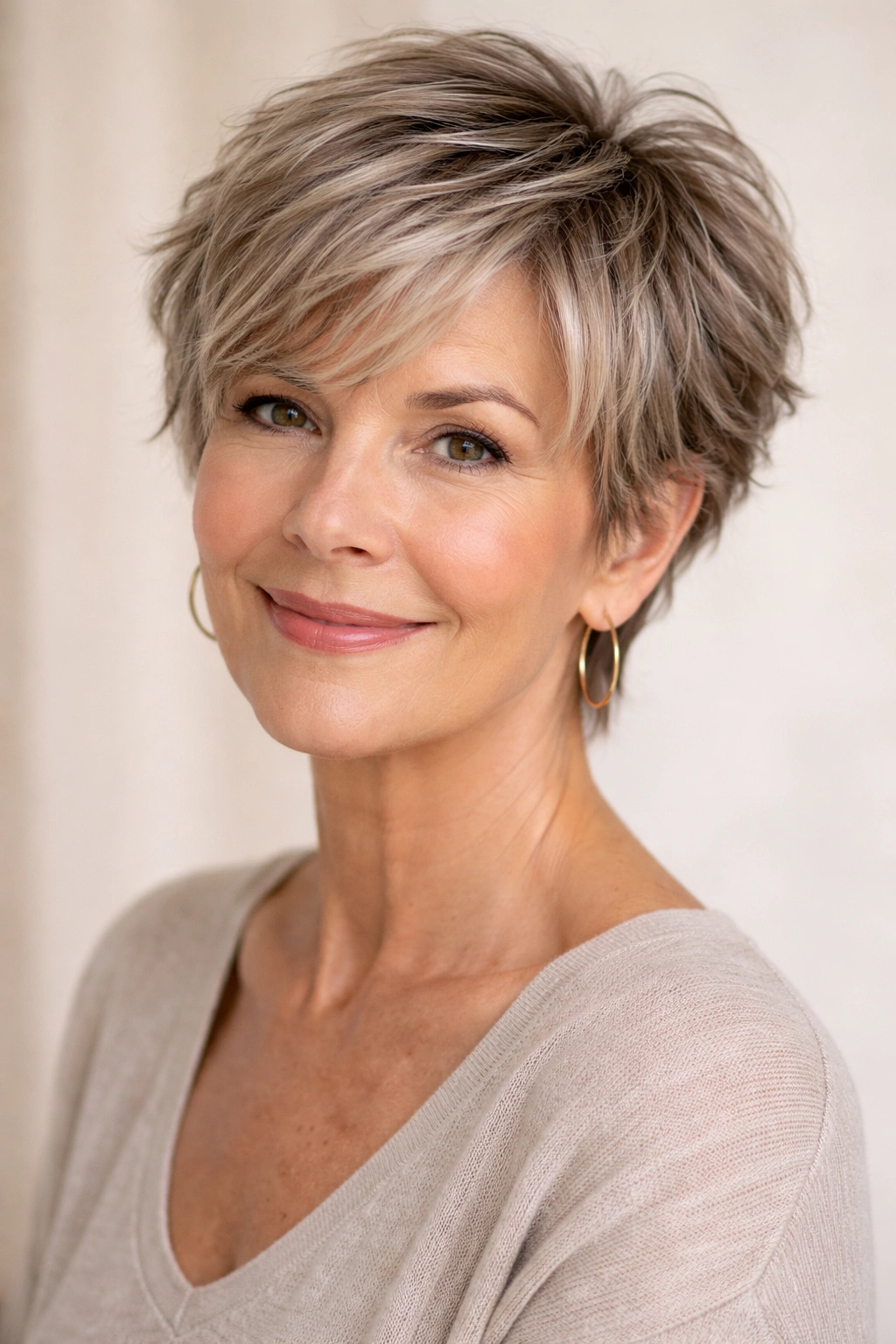 Head-and-shoulders shot of a grown-out pixie with textured length