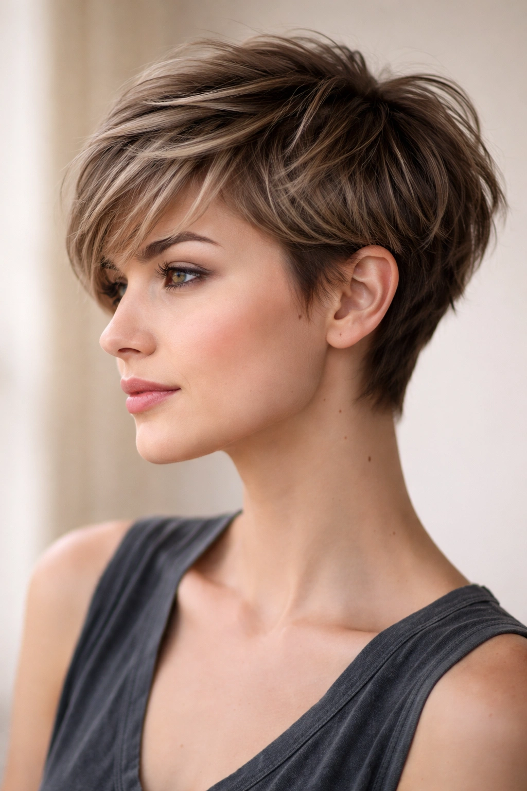 10 Edgy Pixie Haircuts For The Confident Woman 9 Portrait of a person with a grown-out pixie showing top-length growth and faded sides, studio lighting