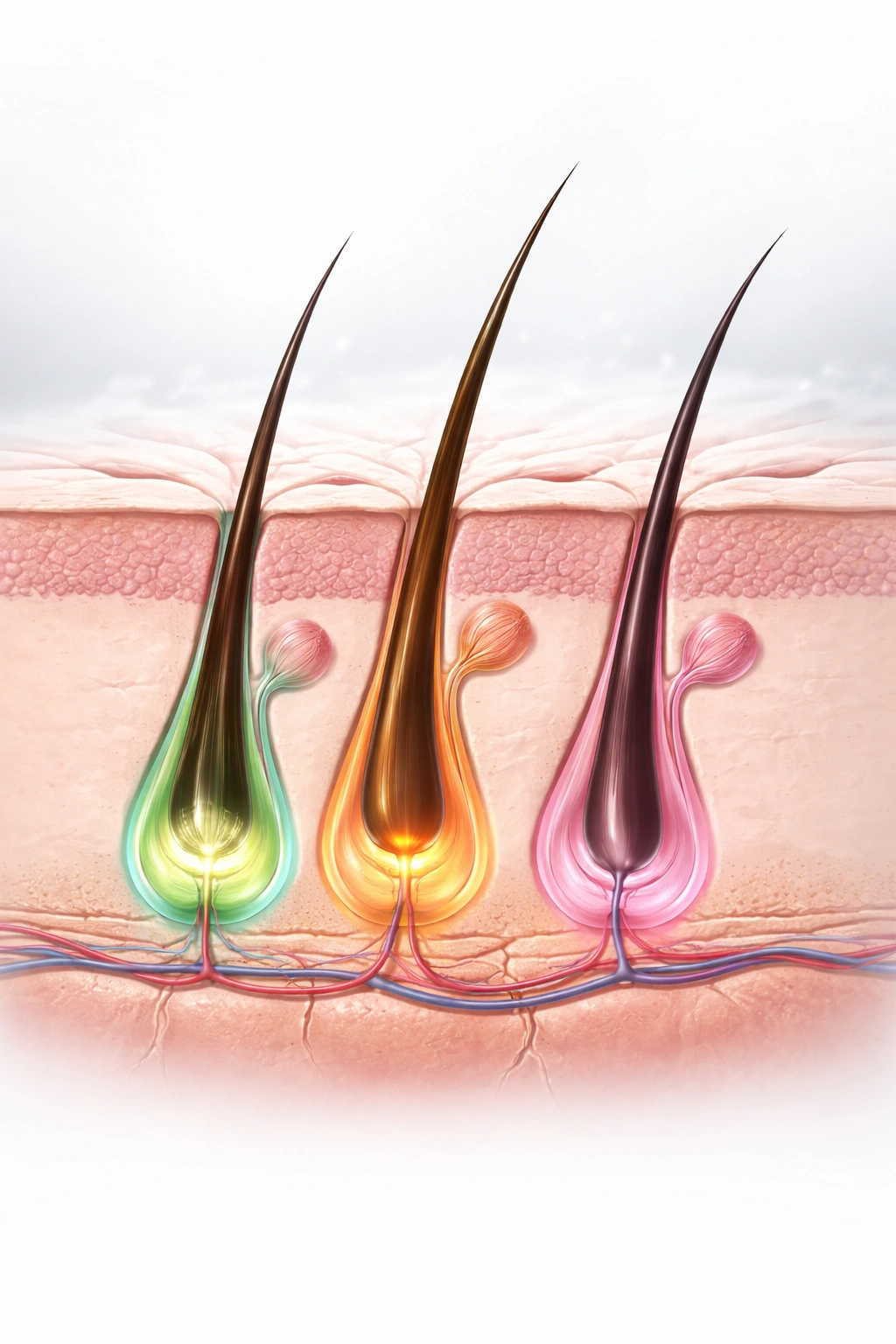 Cross-section illustration of a hair follicle showing growth cycle phases