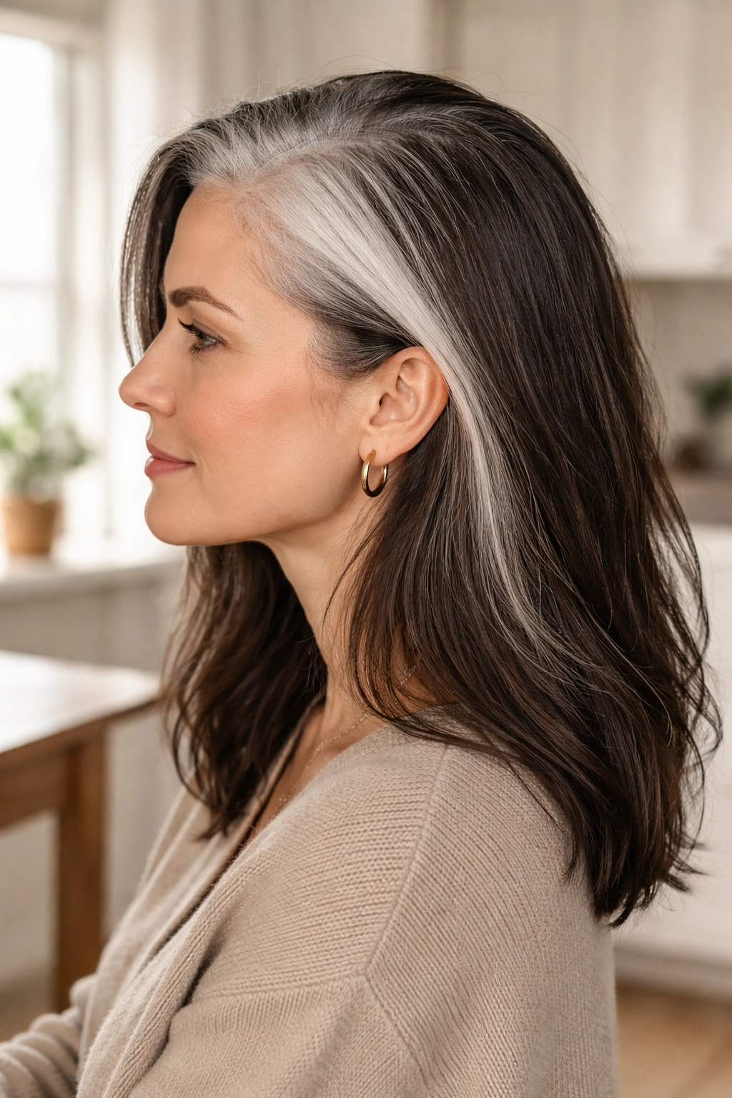Side profile showing a clear line between dyed hair and natural gray roots