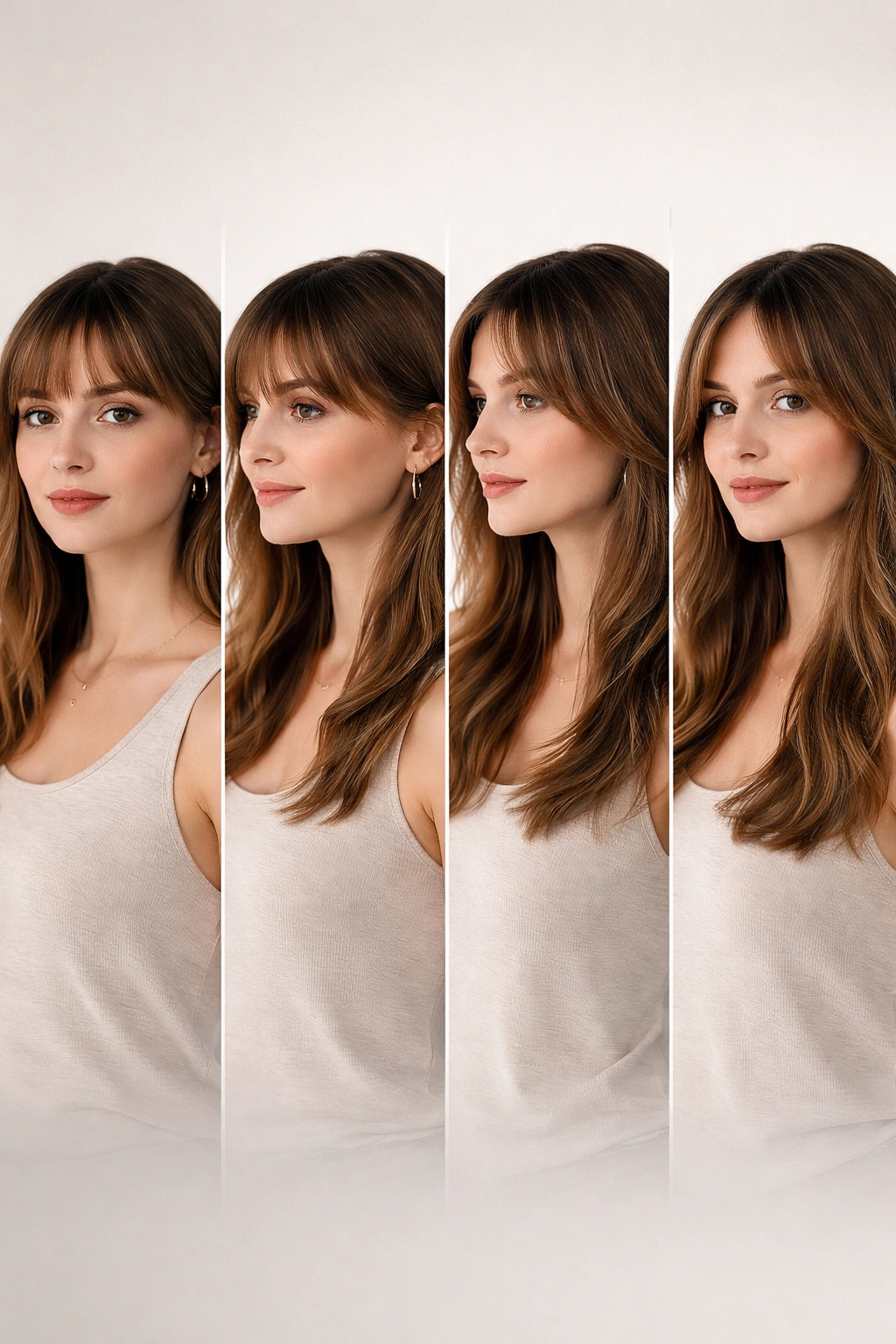 Portrait showing bangs at multiple growth lengths in a clean studio setting