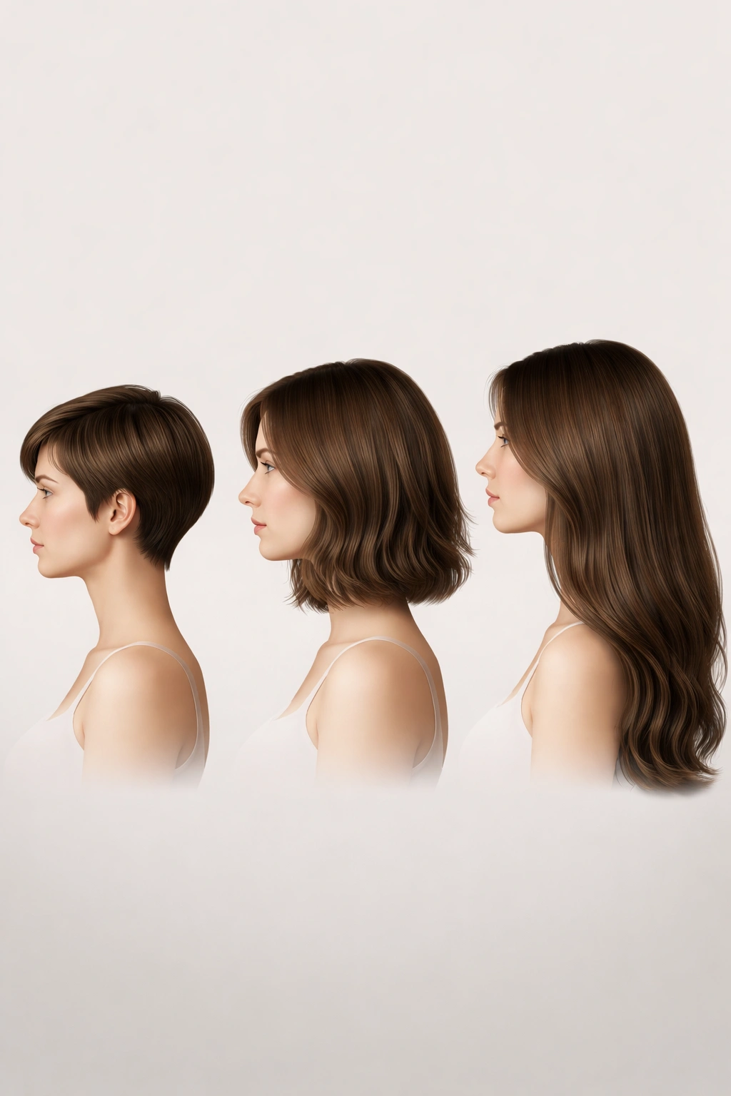 Three head silhouettes in profile showing different hair lengths