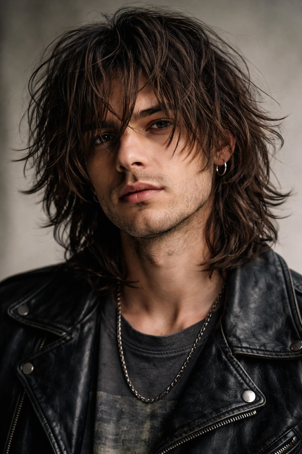 Close-up of a man with a layered grunge shag hairstyle