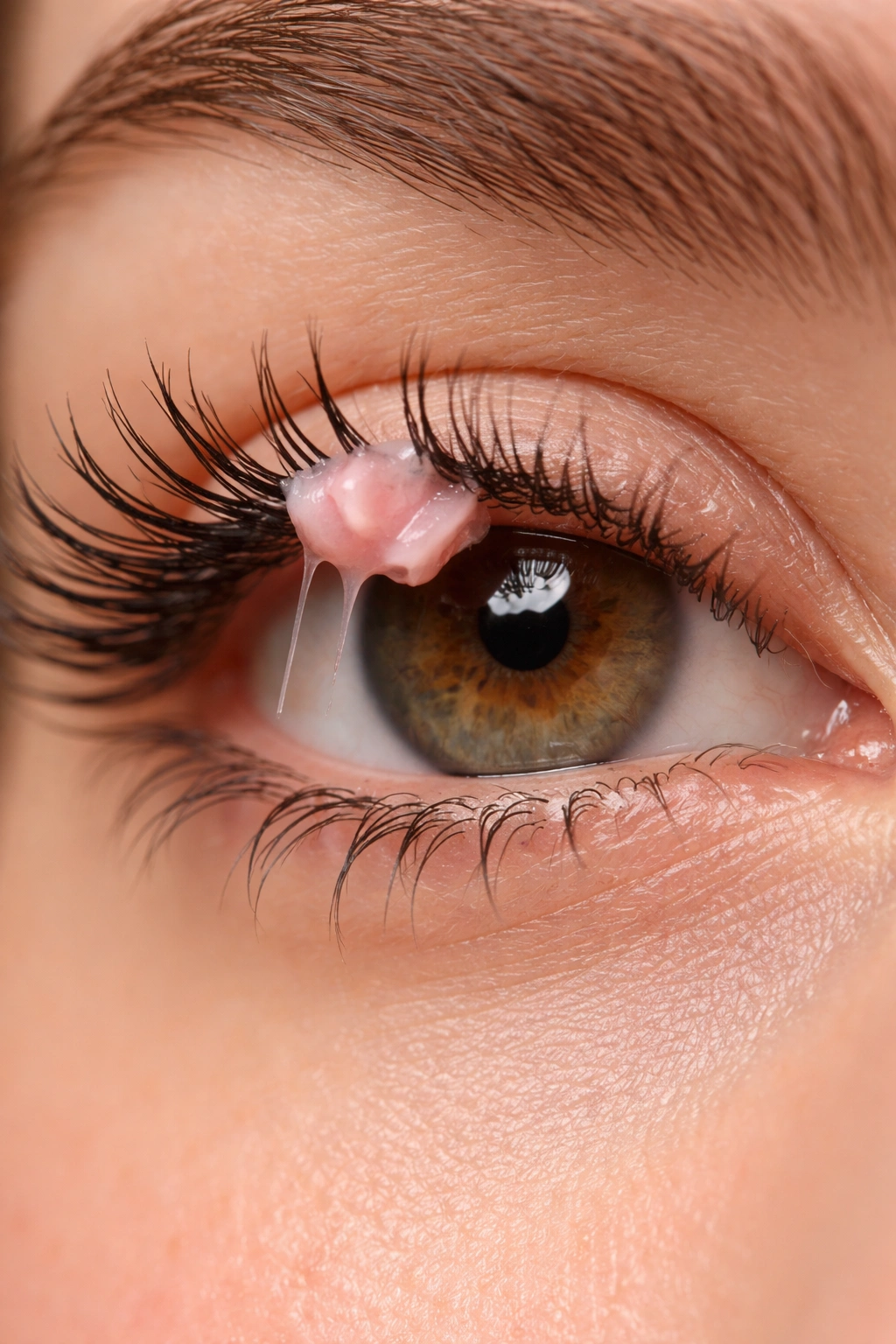 Extreme close-up of eyebrow eyelash region with gum near lash line