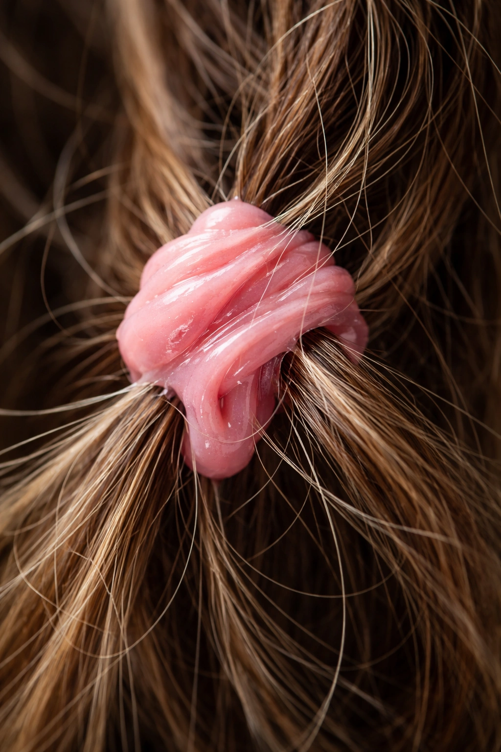 Close-up of gum stuck in hair with a glossy sticky surface and tangled strands