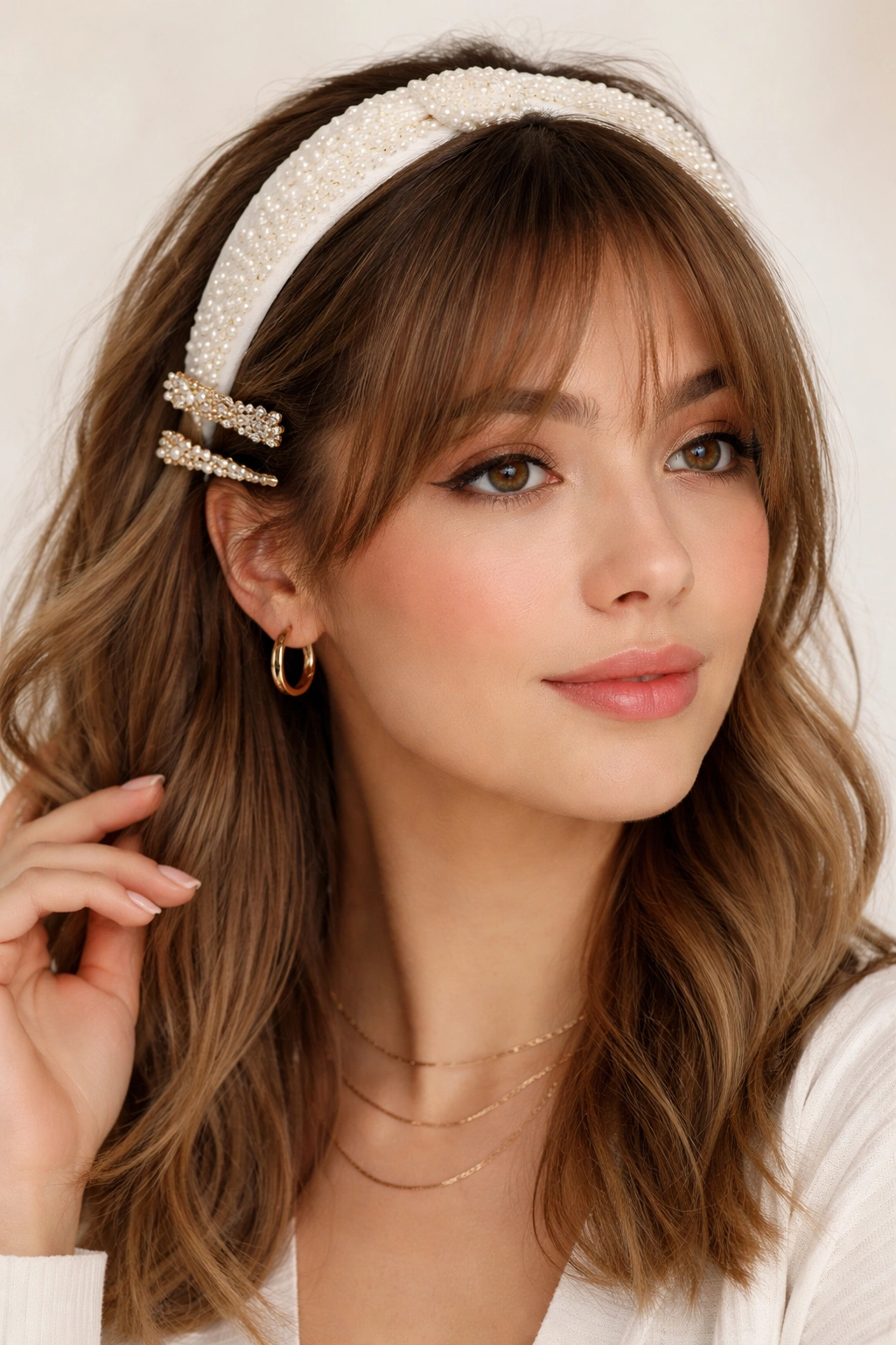 Person with headband and clips securing bangs