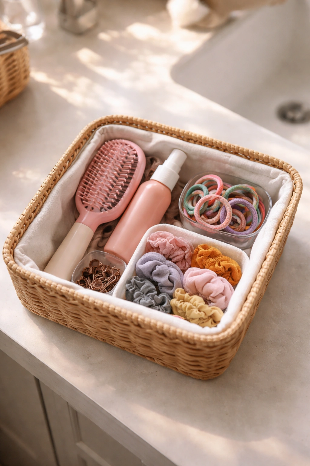 Top-down view of a basket with hair care items on a clean counter