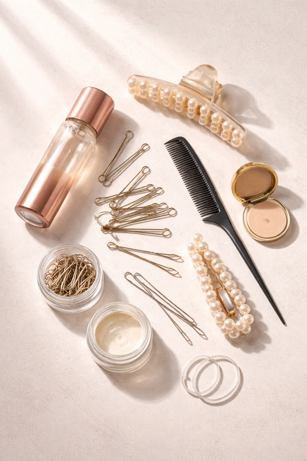 Flat lay of hair accessories for final touches and styling tips