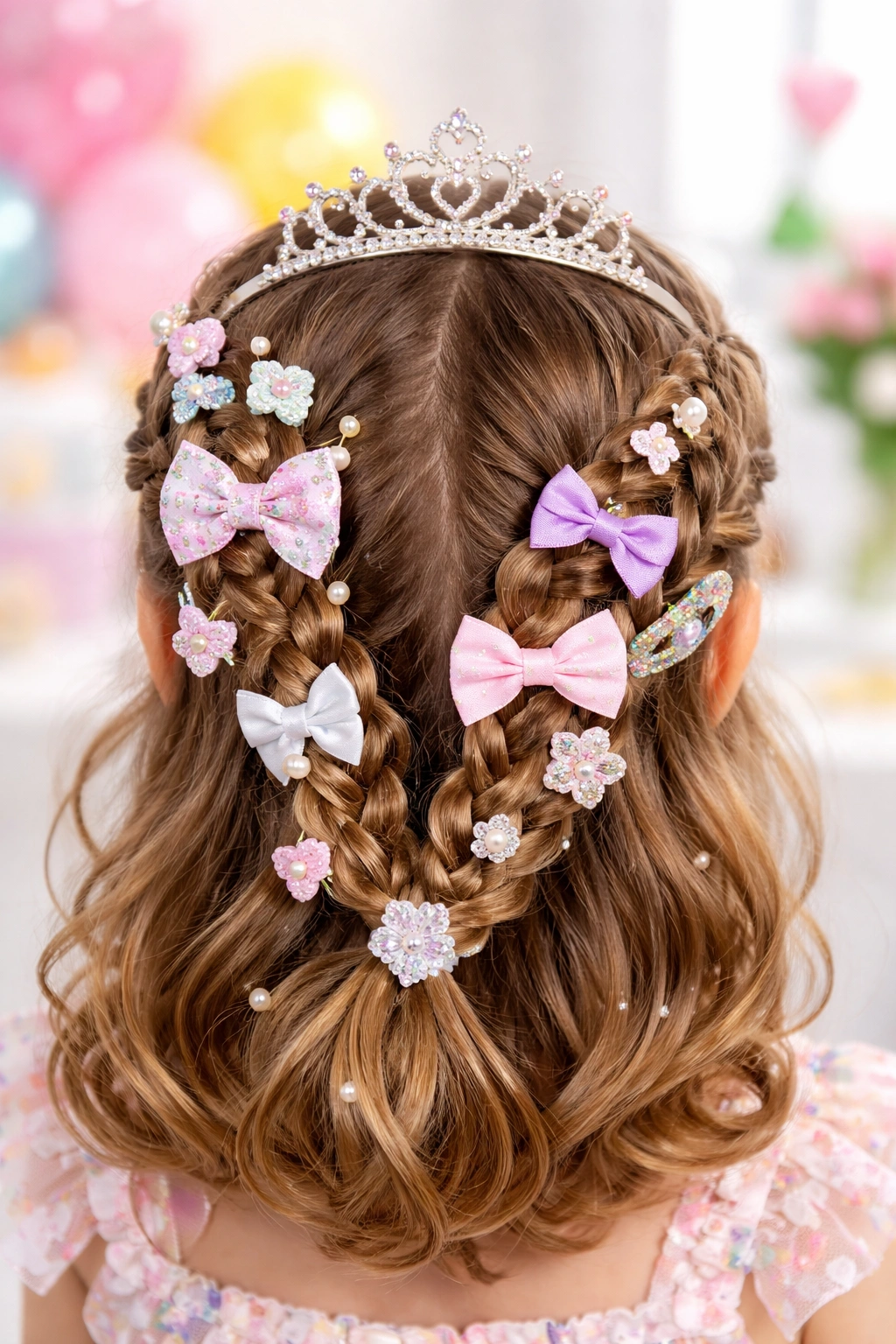 Close-up of colorful hair accessories in a birthday hairstyle