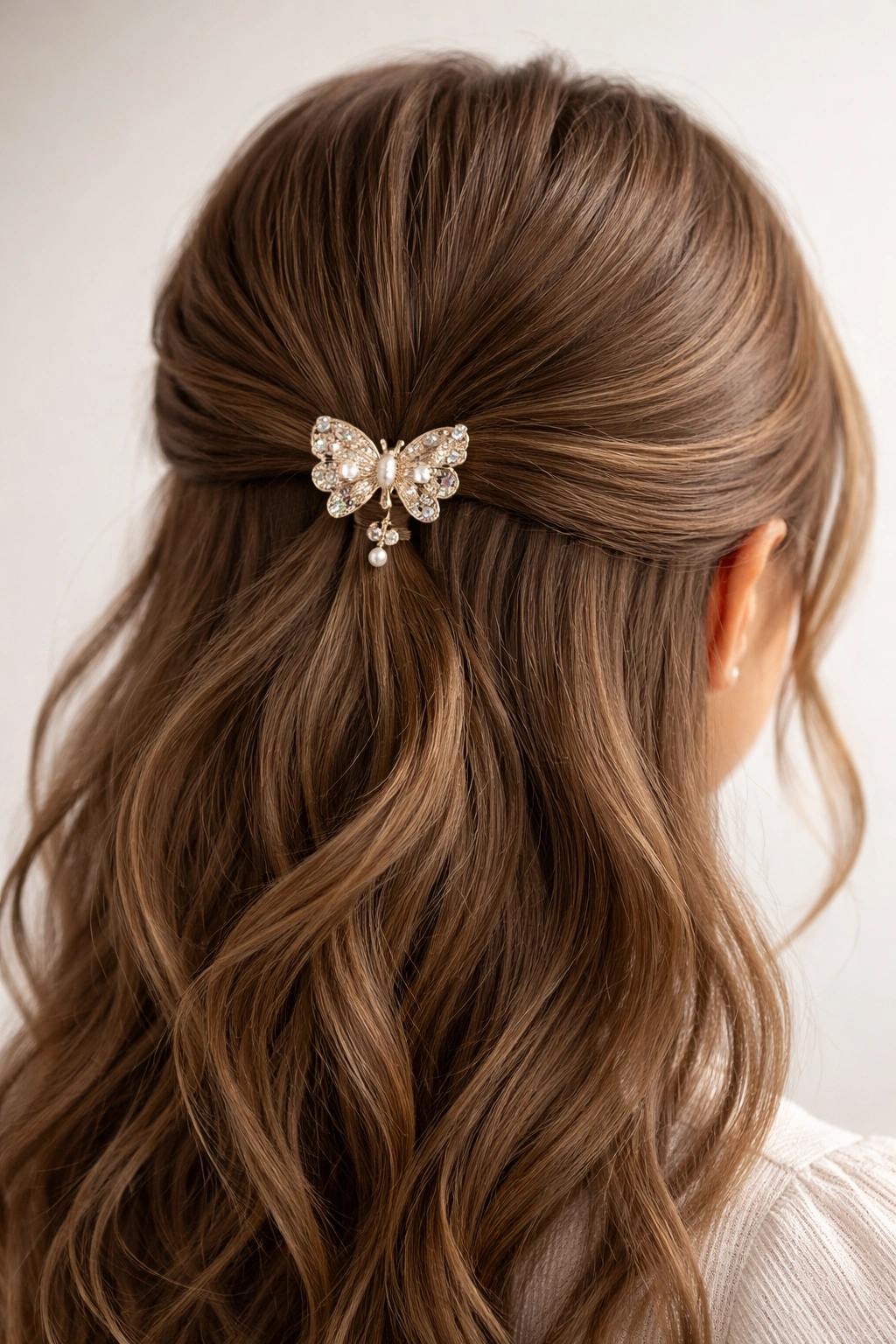 Single decorative hair clip elevating simple hairstyle.