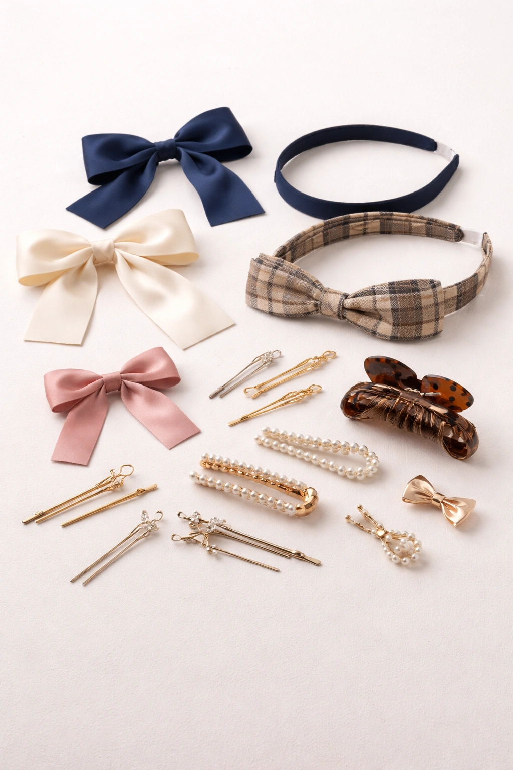 Still life of dress-code-friendly hair accessories arranged on a neutral surface.