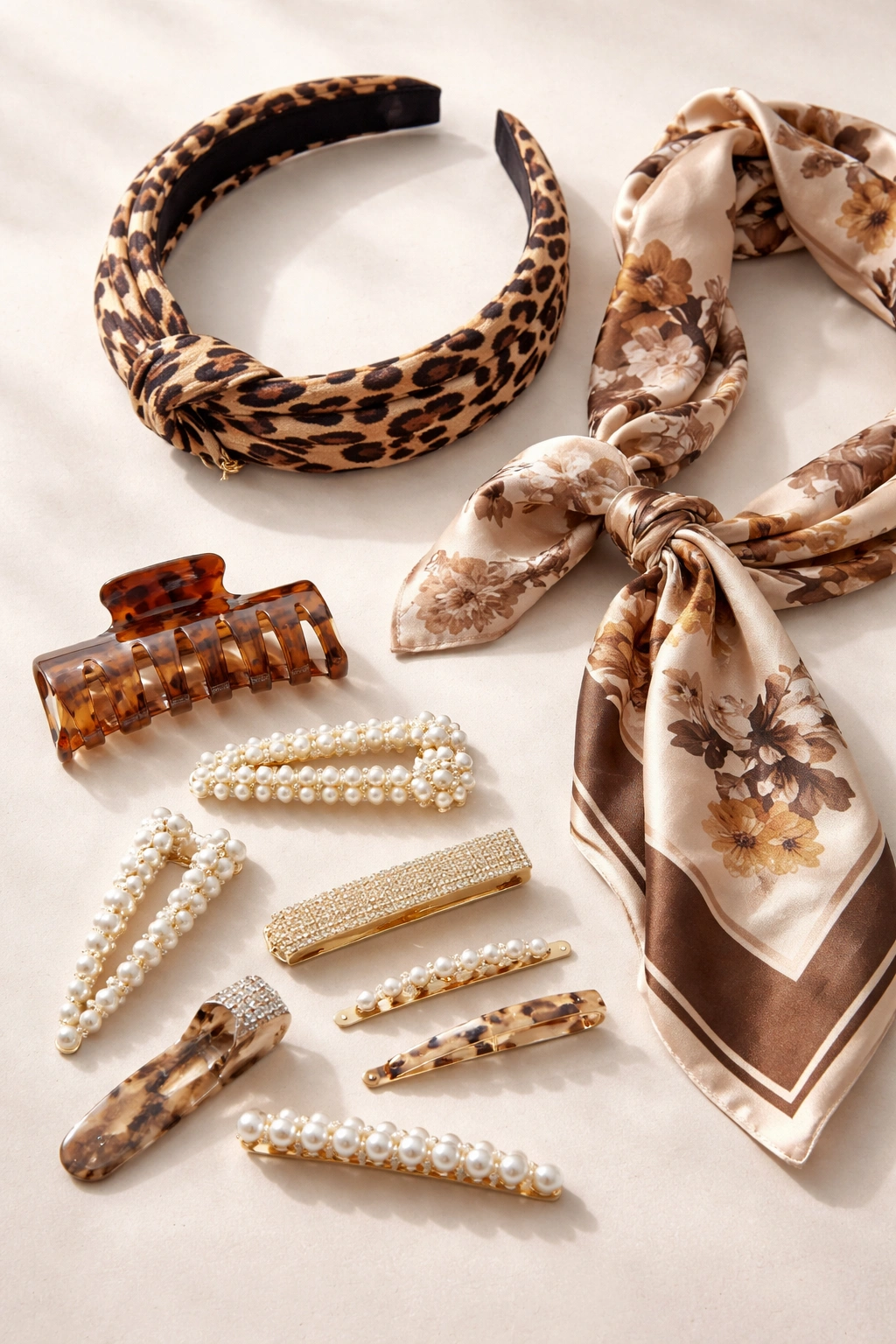 Flat lay of hair accessories including headband, scarf, and clips on neutral background