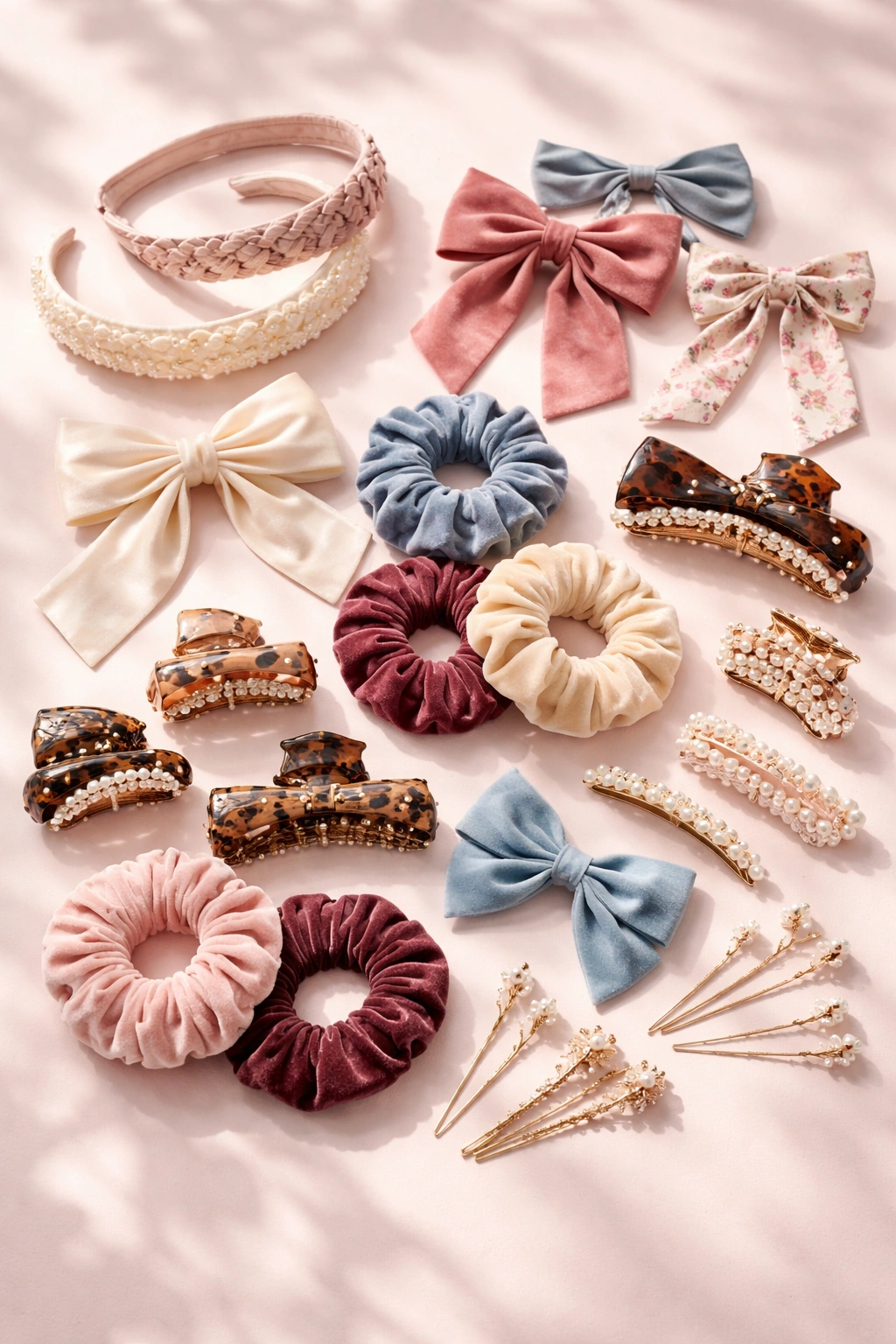 Flat lay of colorful hair accessories like bows, clips, and scrunchies on pastel background