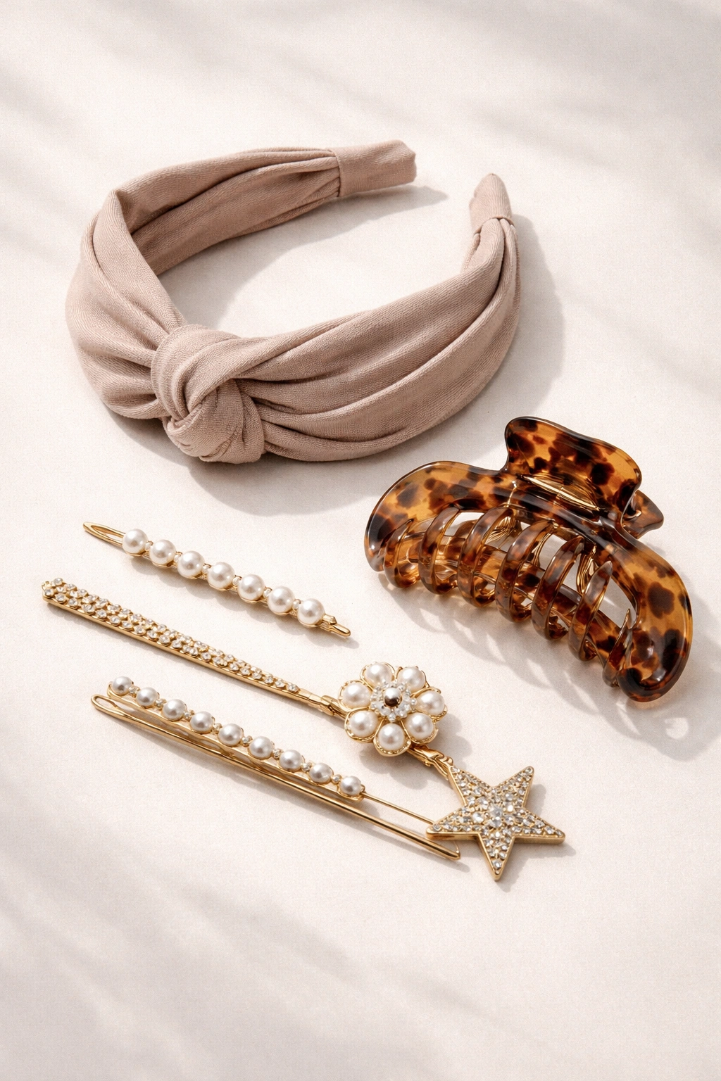 Flat lay of hair accessories: headband, claw clip, and decorative pins on a neutral background