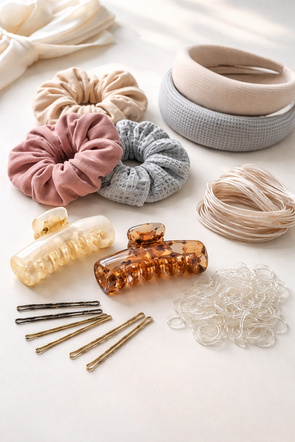Close-up of scrunchies, claw clips, bobby pins, headbands, and elastics on a clean surface