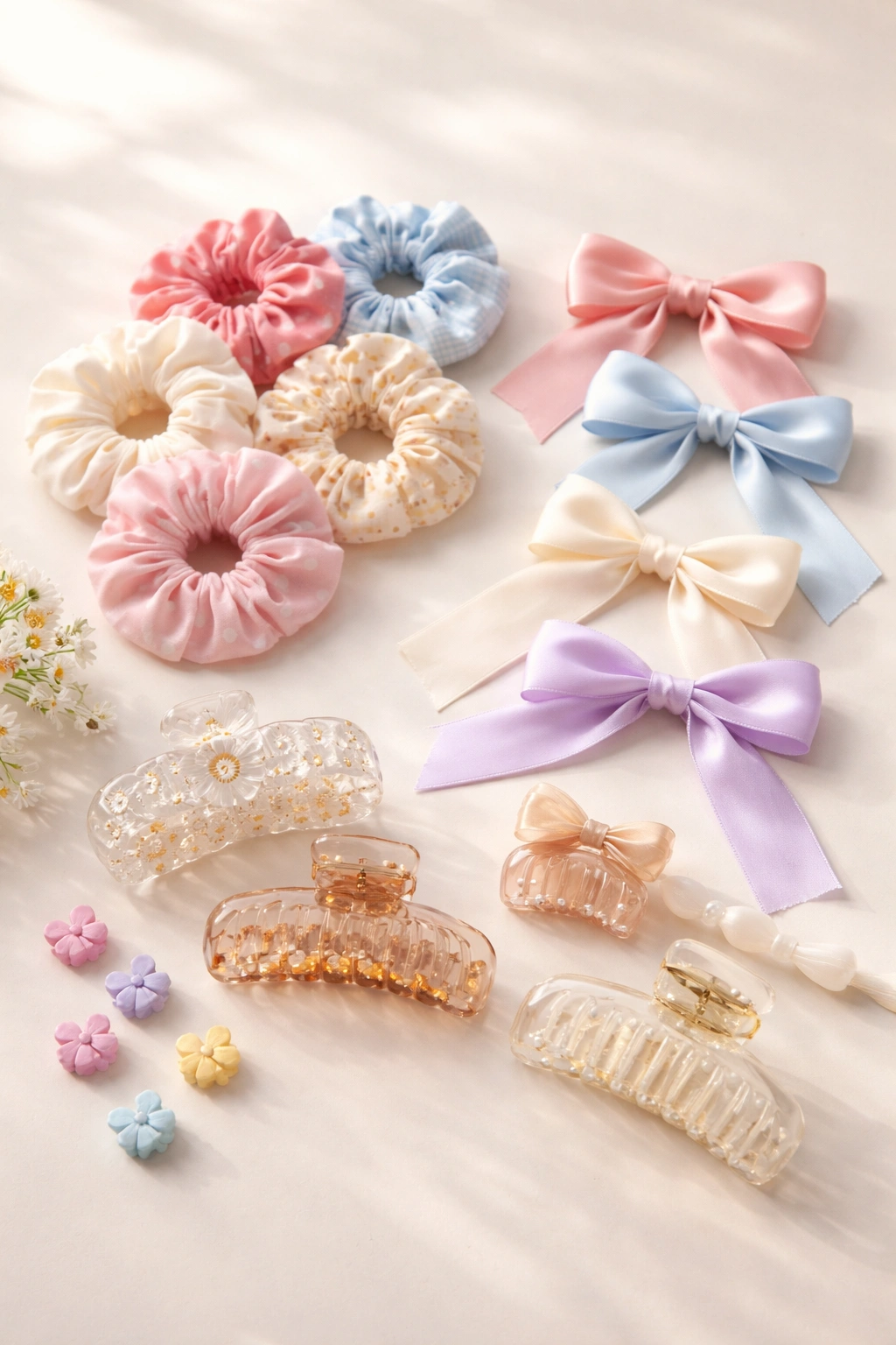 Still-life of scrunchies, ribbons, and claw clips arranged neatly