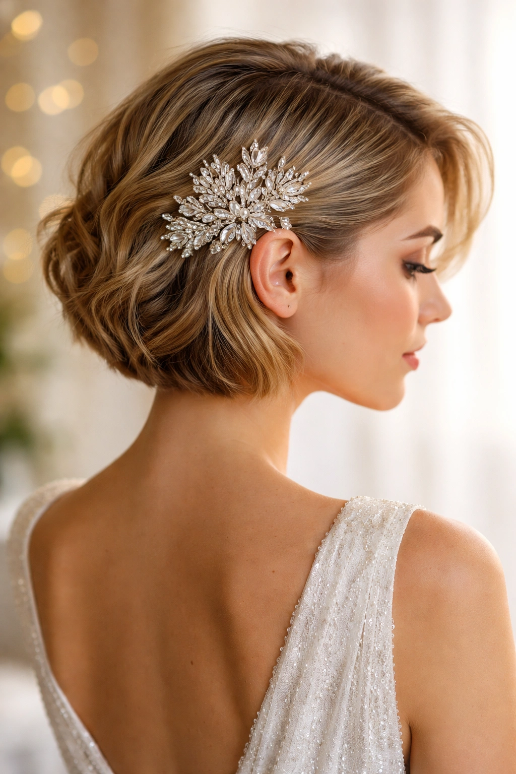 Short hairstyle featuring a bold decorative accessory as focal point