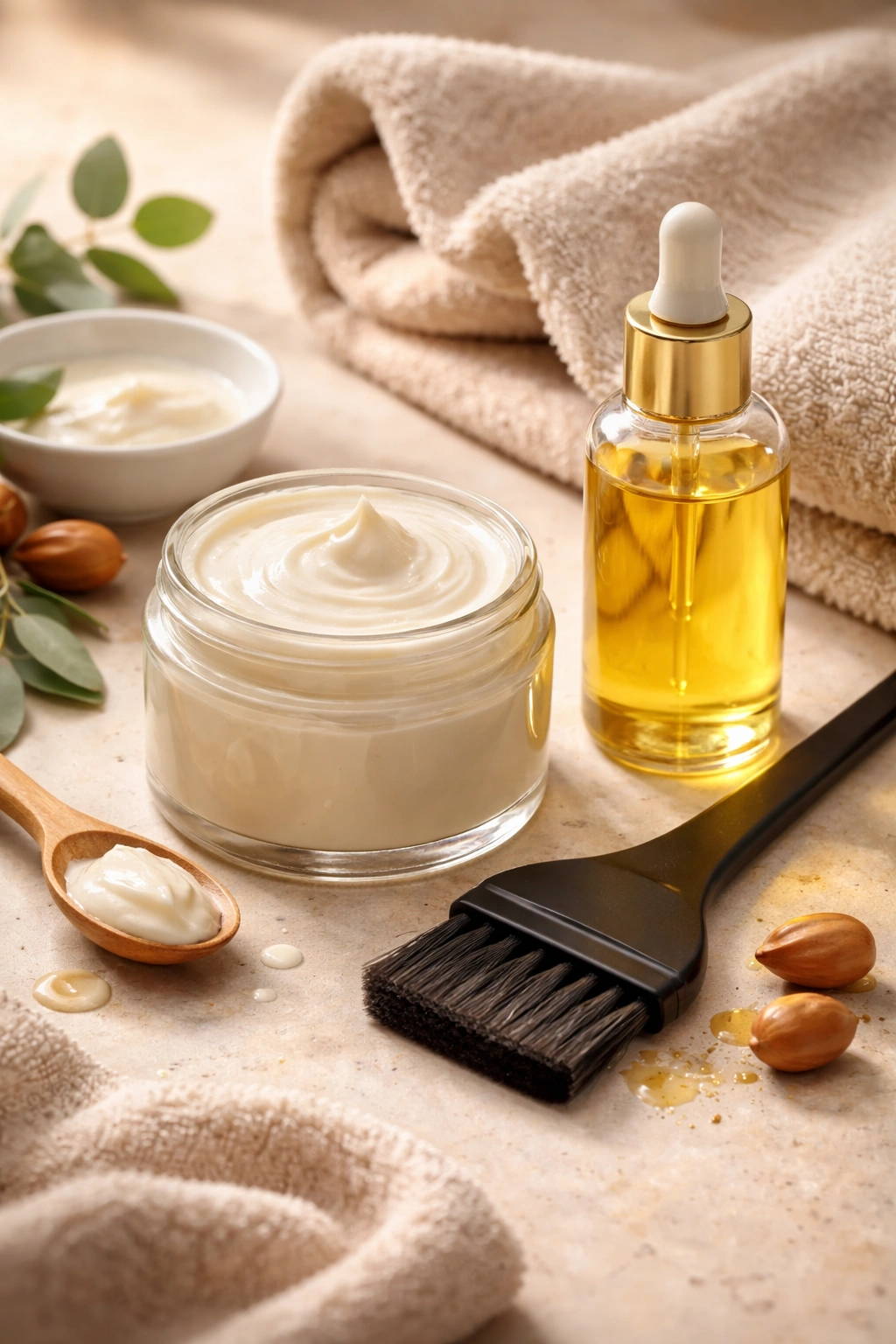 Spa setup with conditioning mask, oil bottle, and brush for hair aftercare