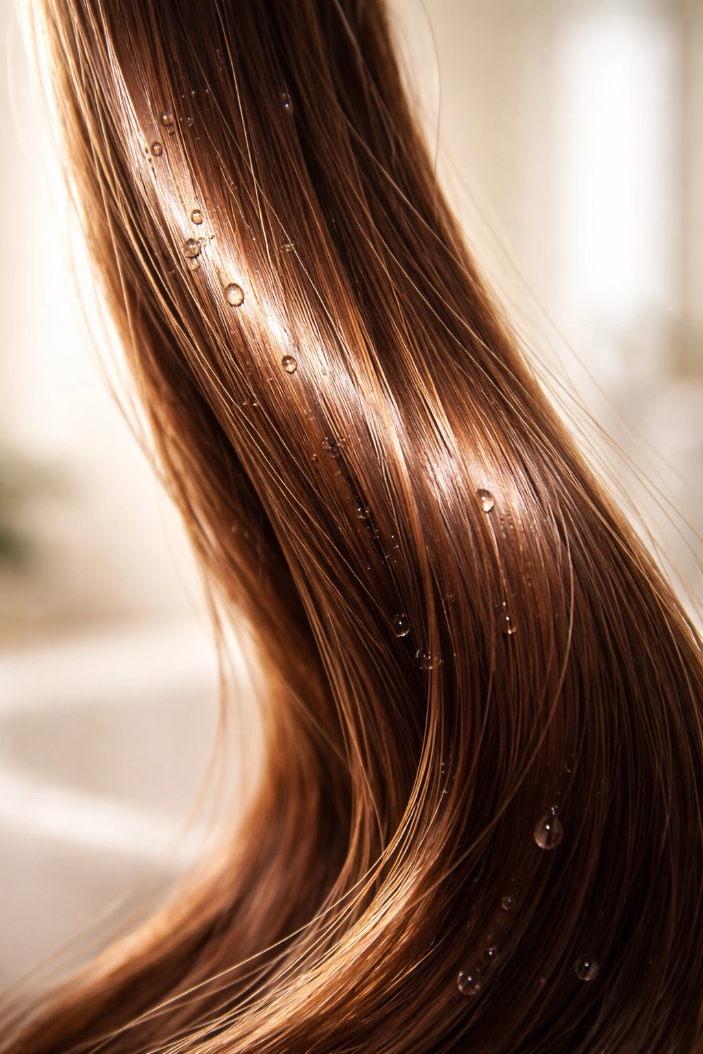 Macro close-up of a healthy-looking, moisture-rich hair strand