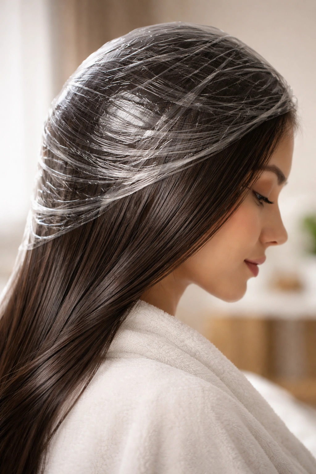 Person with hair wrapped in plastic wrap for aftercare in a neutral setting