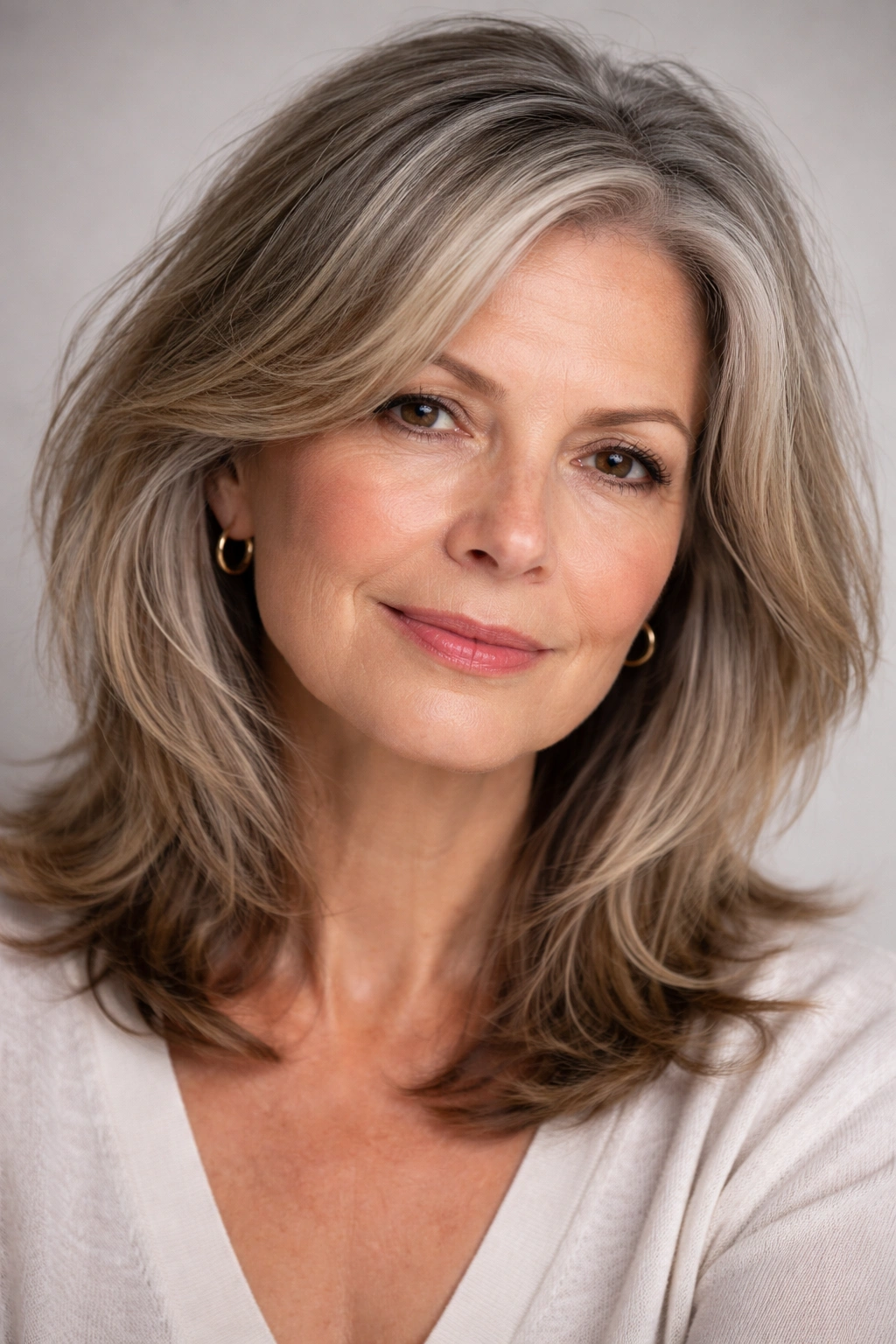 Close-up of a 50-something woman's hair showing texture changes and gray roots