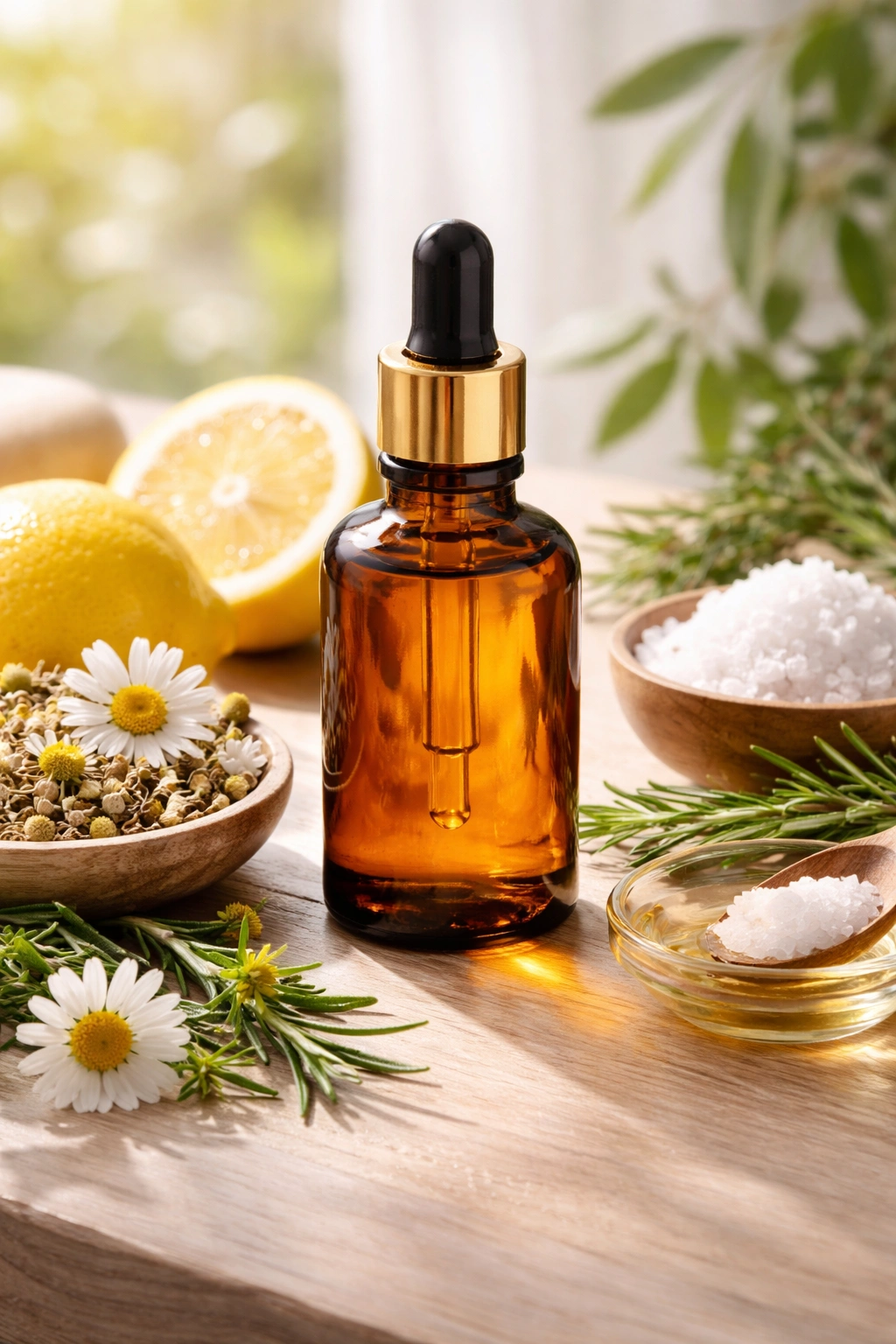 Amber bottle representing hair remedies alternatives on light wood surface