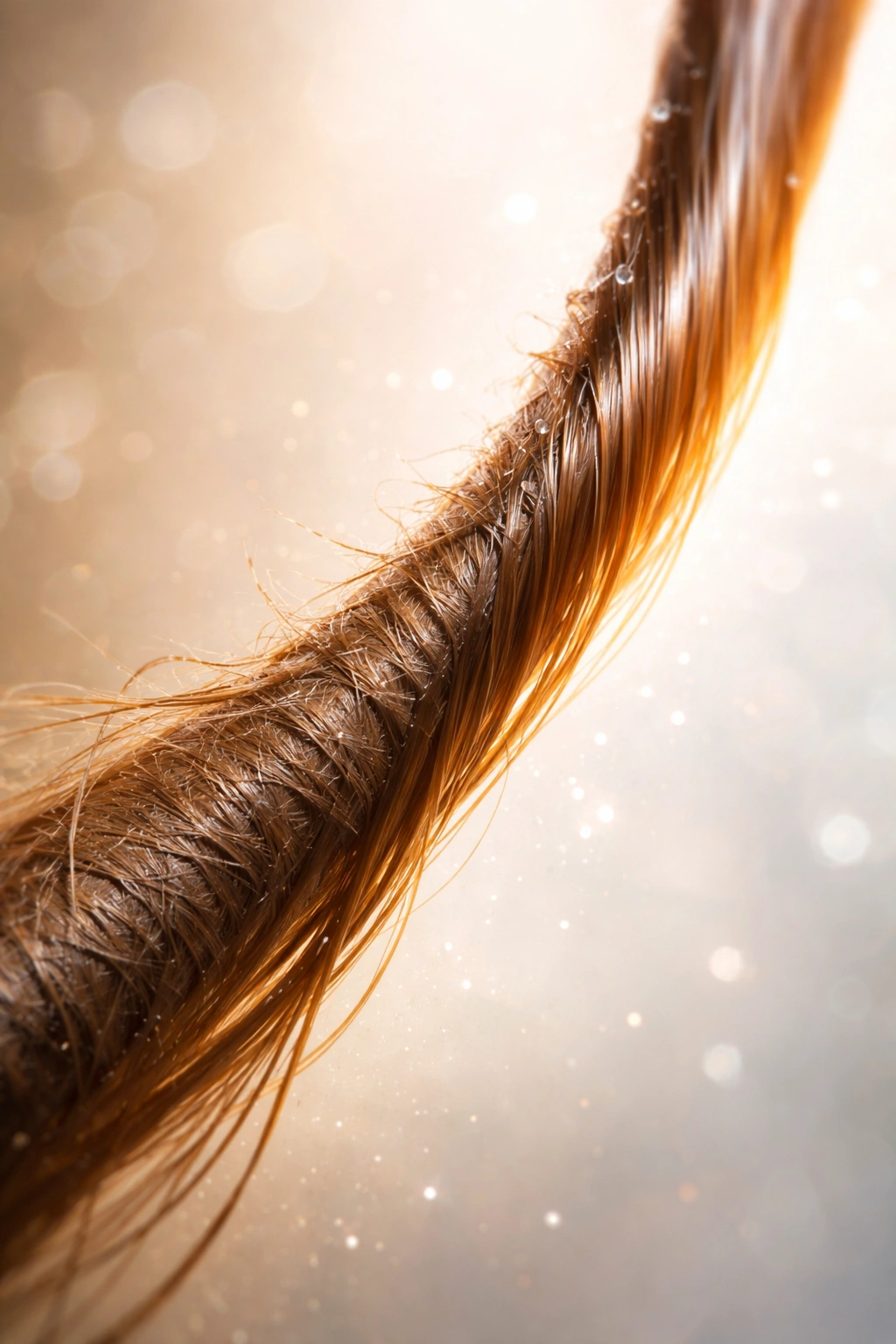 Hair strand transitioning from brittle to glossy to illustrate balance