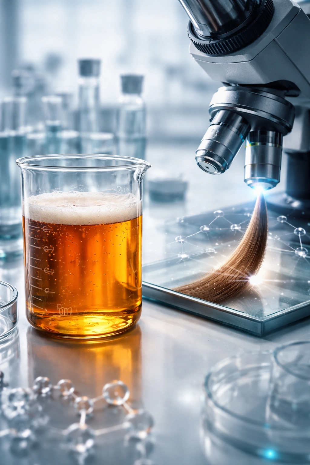 Hair under a microscope beside a beaker of beer in a clinical lab setting