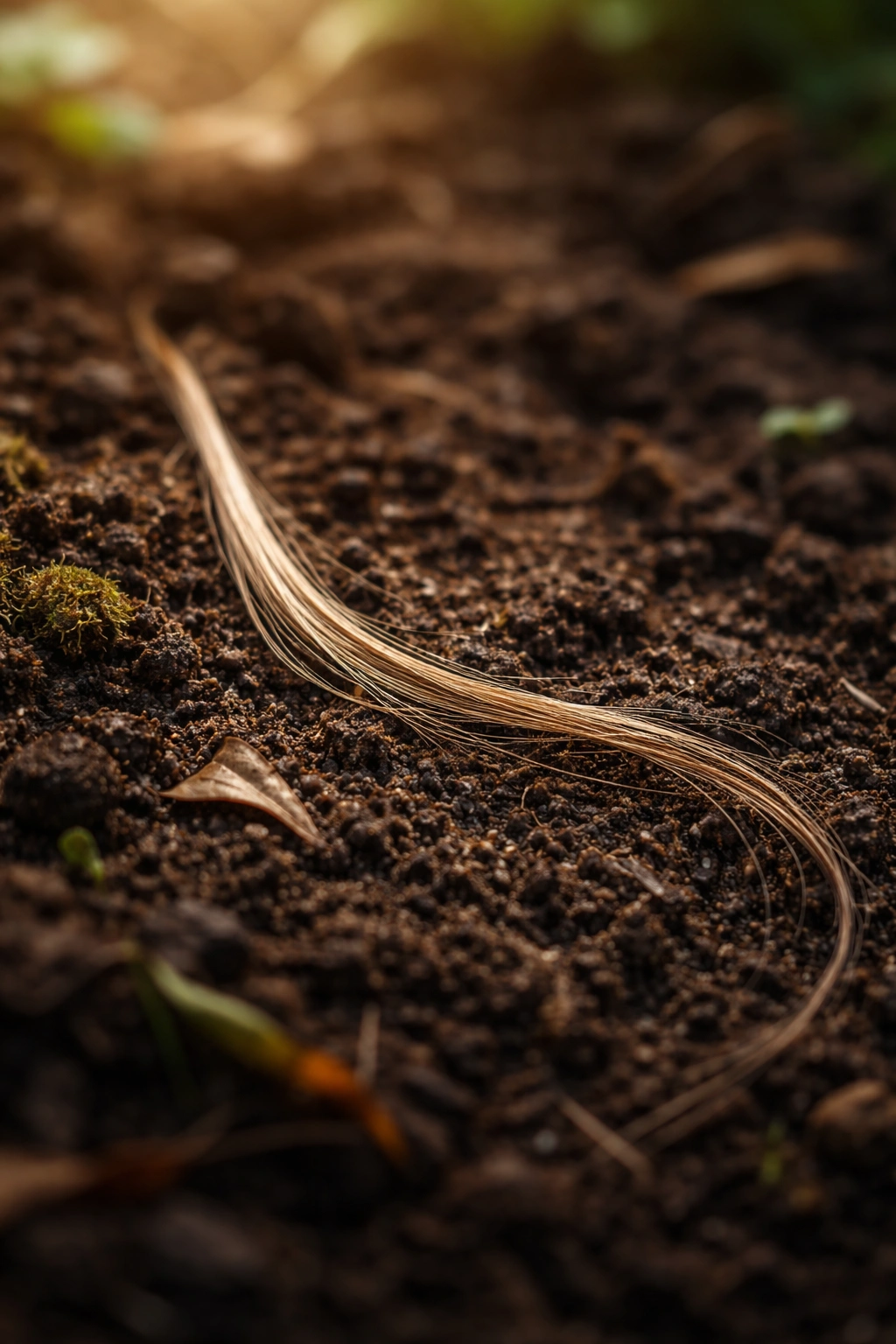 Hair strand on soil illustrating biodegradation and compost relevance