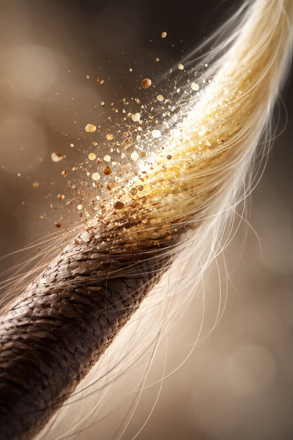 Close-up of hair strand showing pigment lifting from dark to pale blonde