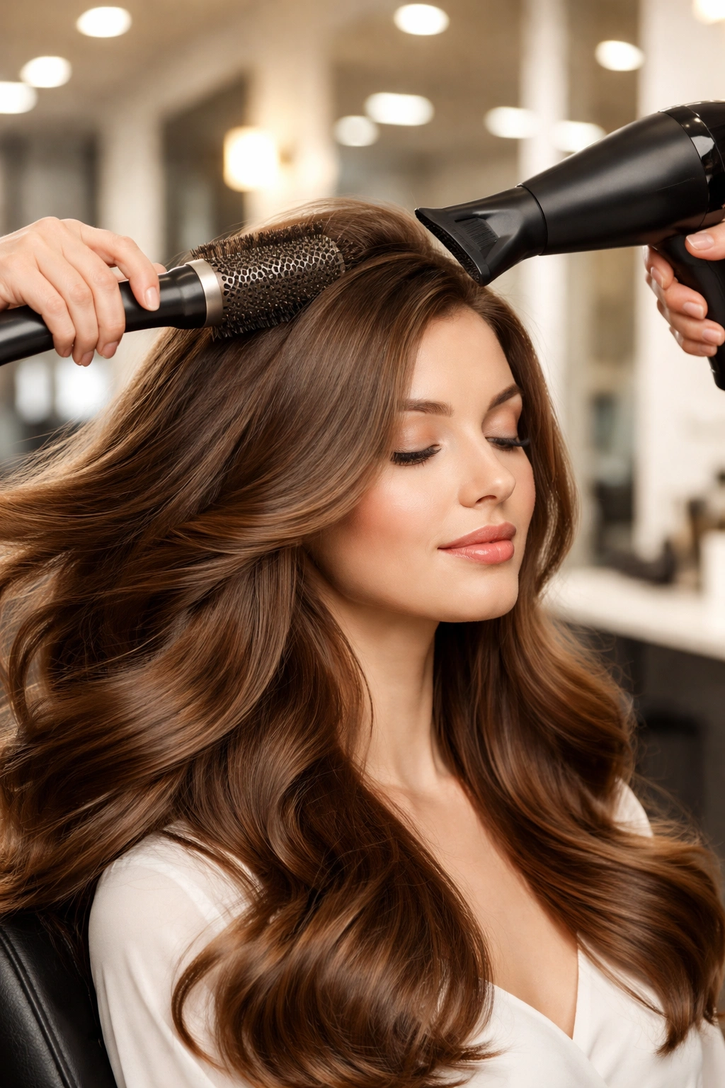 Professional hair blowout in progress with smooth, shiny hair