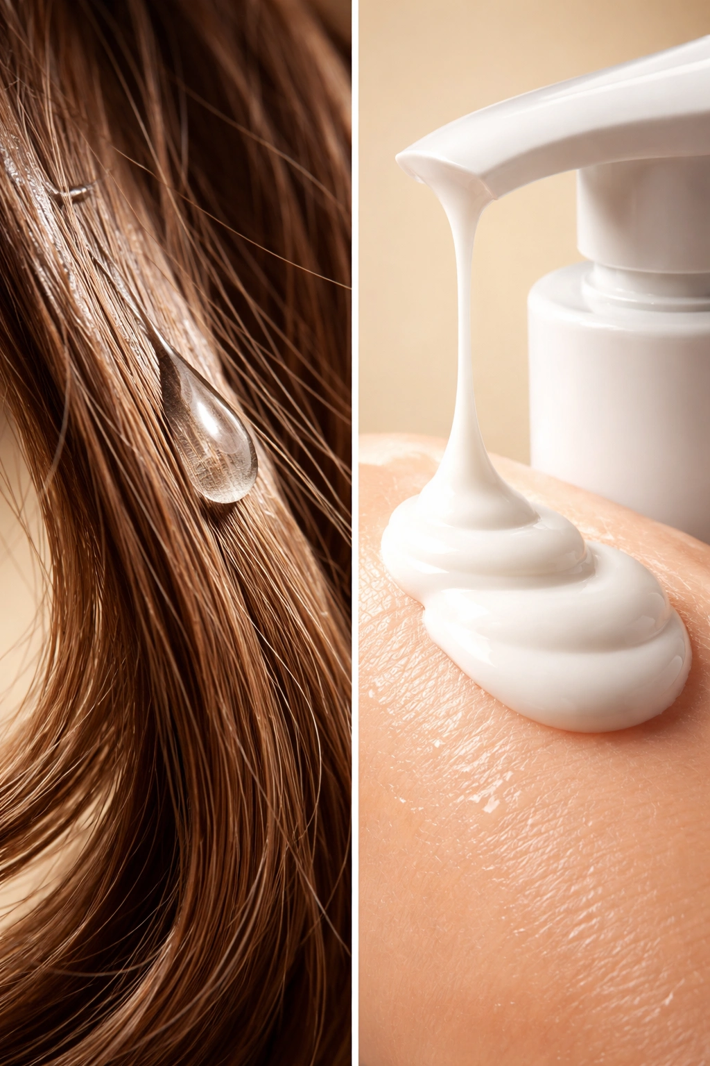 Split-screen close-up contrasting hair texture with body lotion texture for hair vs body care.
