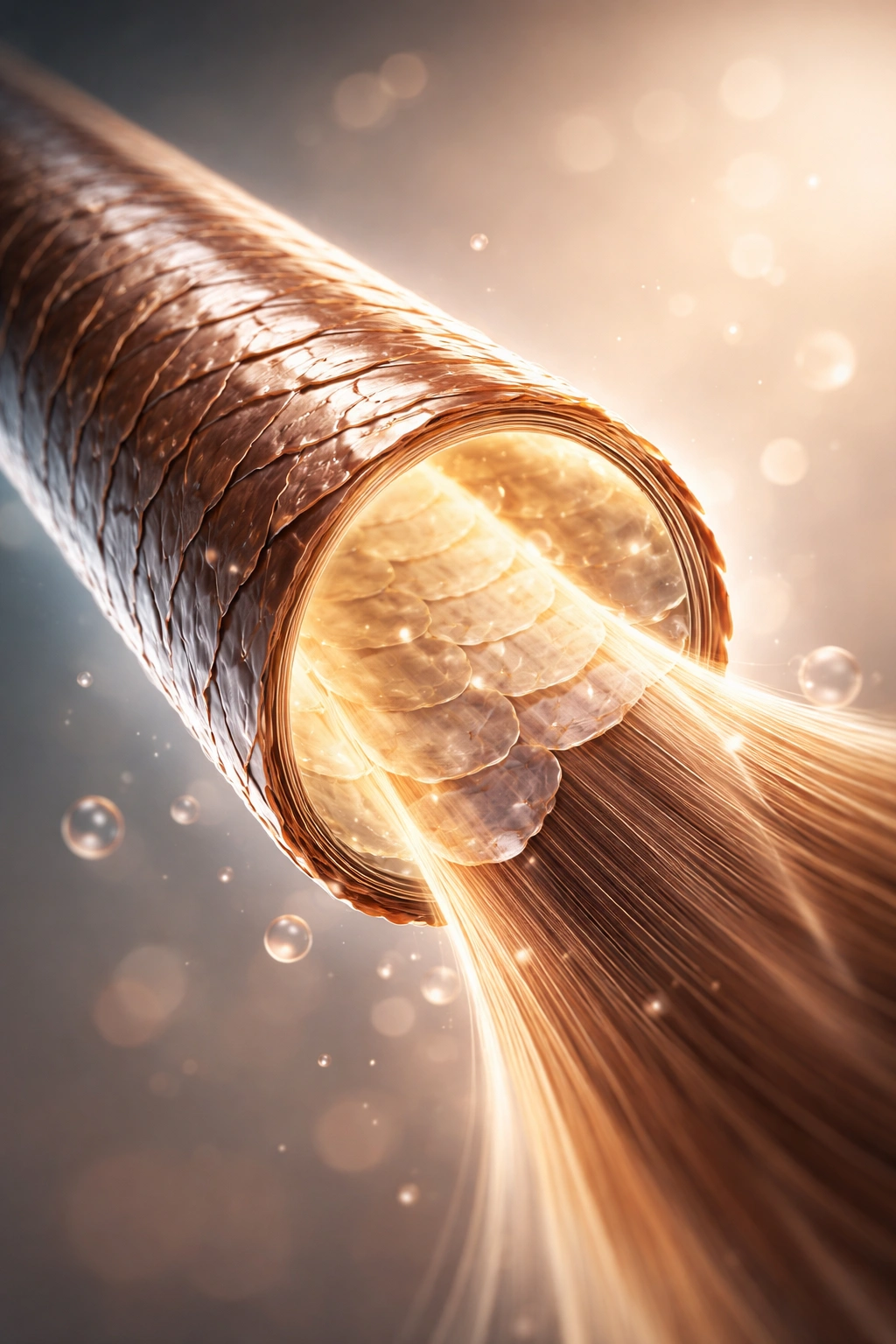 Hair strand cross-section showing sealed cuticle and glossy surface