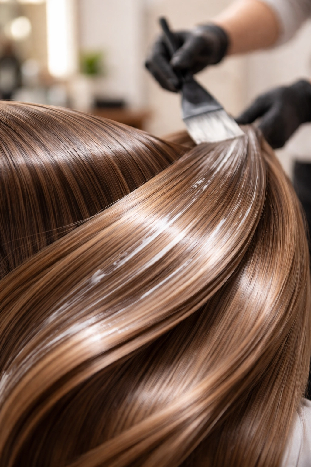 Close-up of glossy, healthy-looking hair strands after treatment