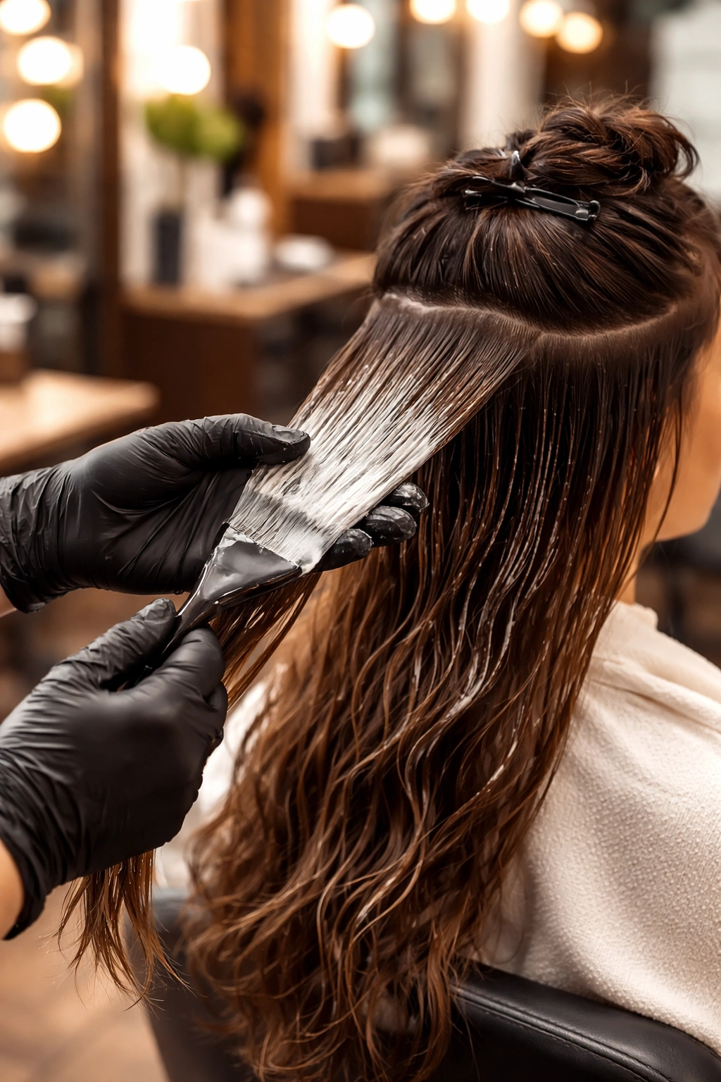 Stylist applying hair botox treatment to hair in a salon