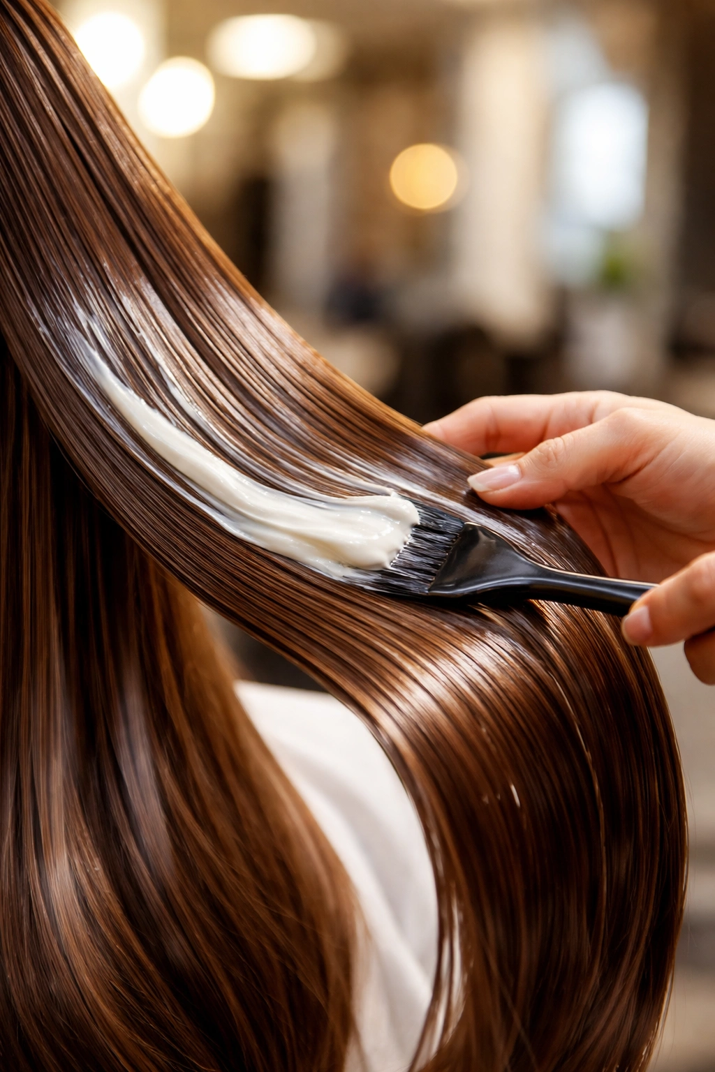 Close-up of a glossy hair strand during a hair Botox treatment in a salon
