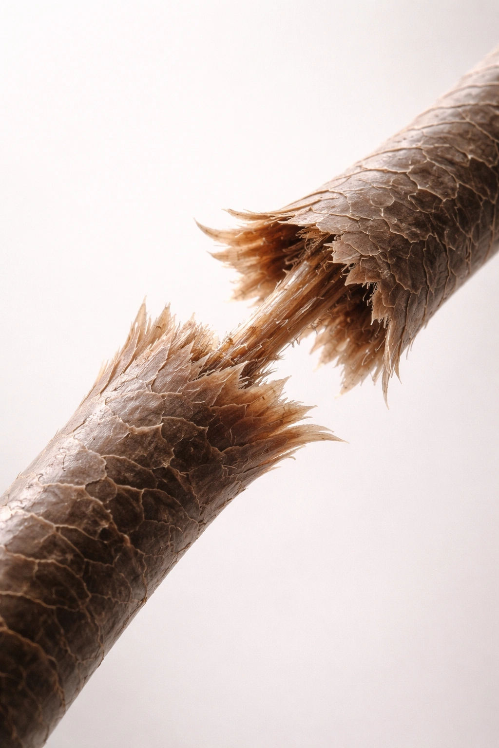 Macro shot of a damaged hair strand showing breakage with frayed cuticle