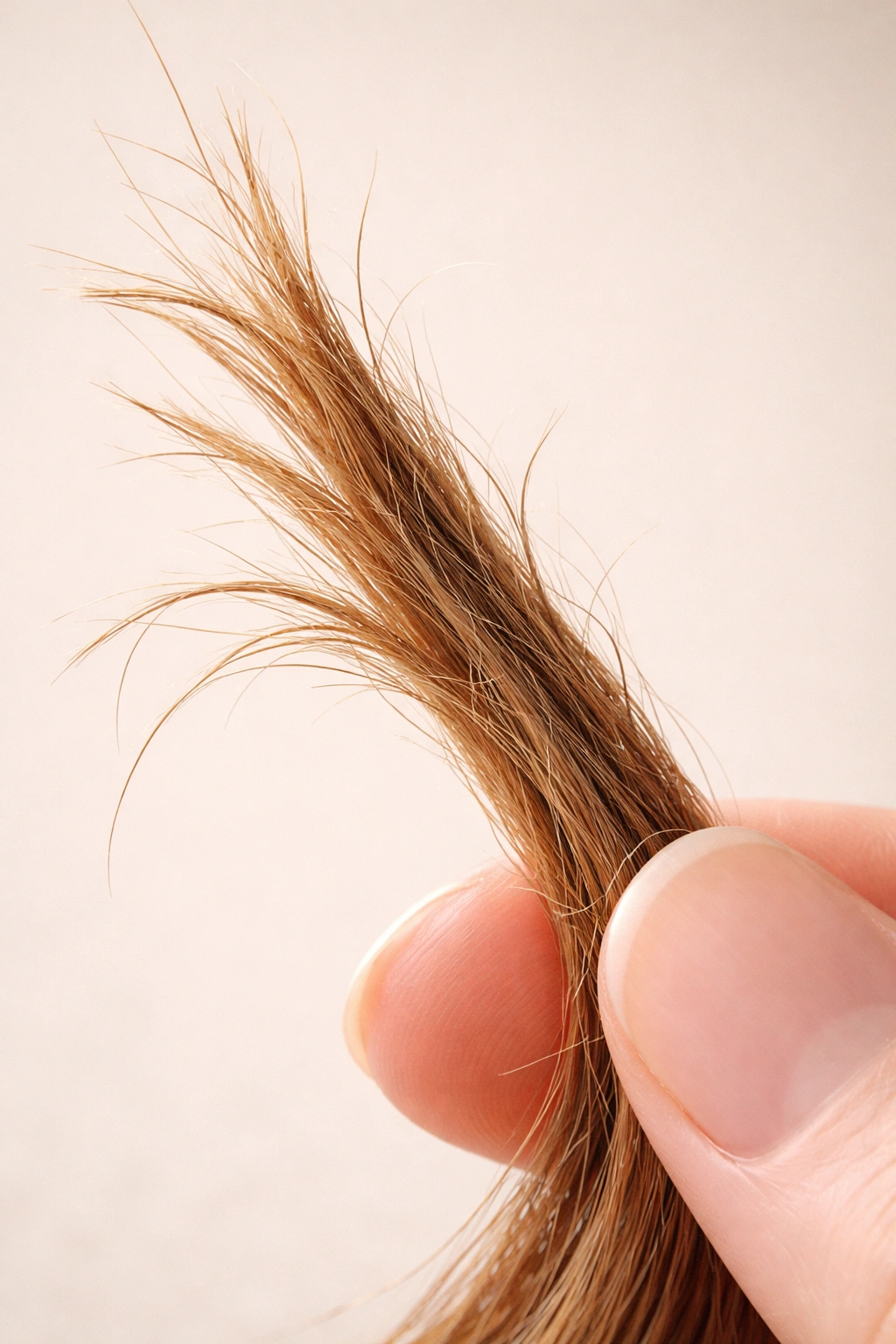 Macro shot of dry brittle hair with split ends signaling damage