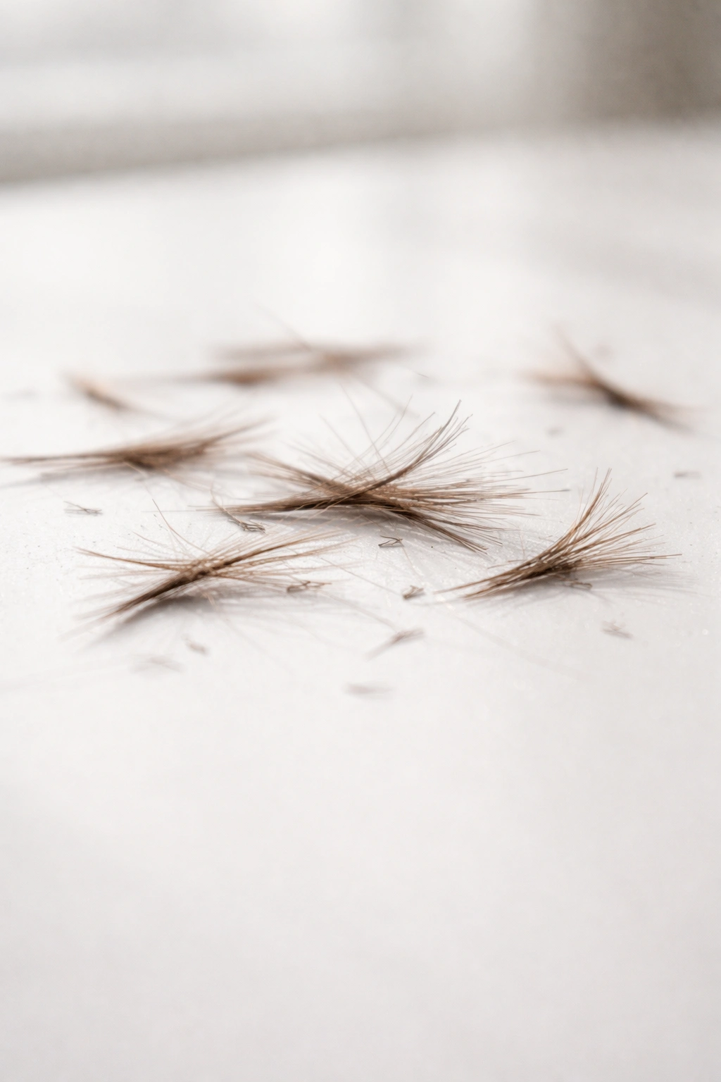 Close-up of short frayed hair fragments with no roots on white surface