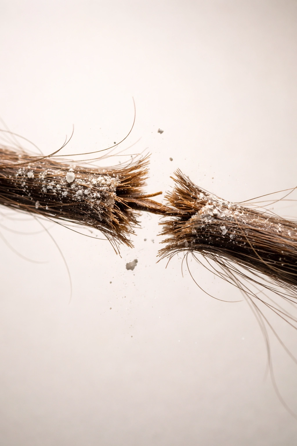 Hair strand with visible breakage due to hard water